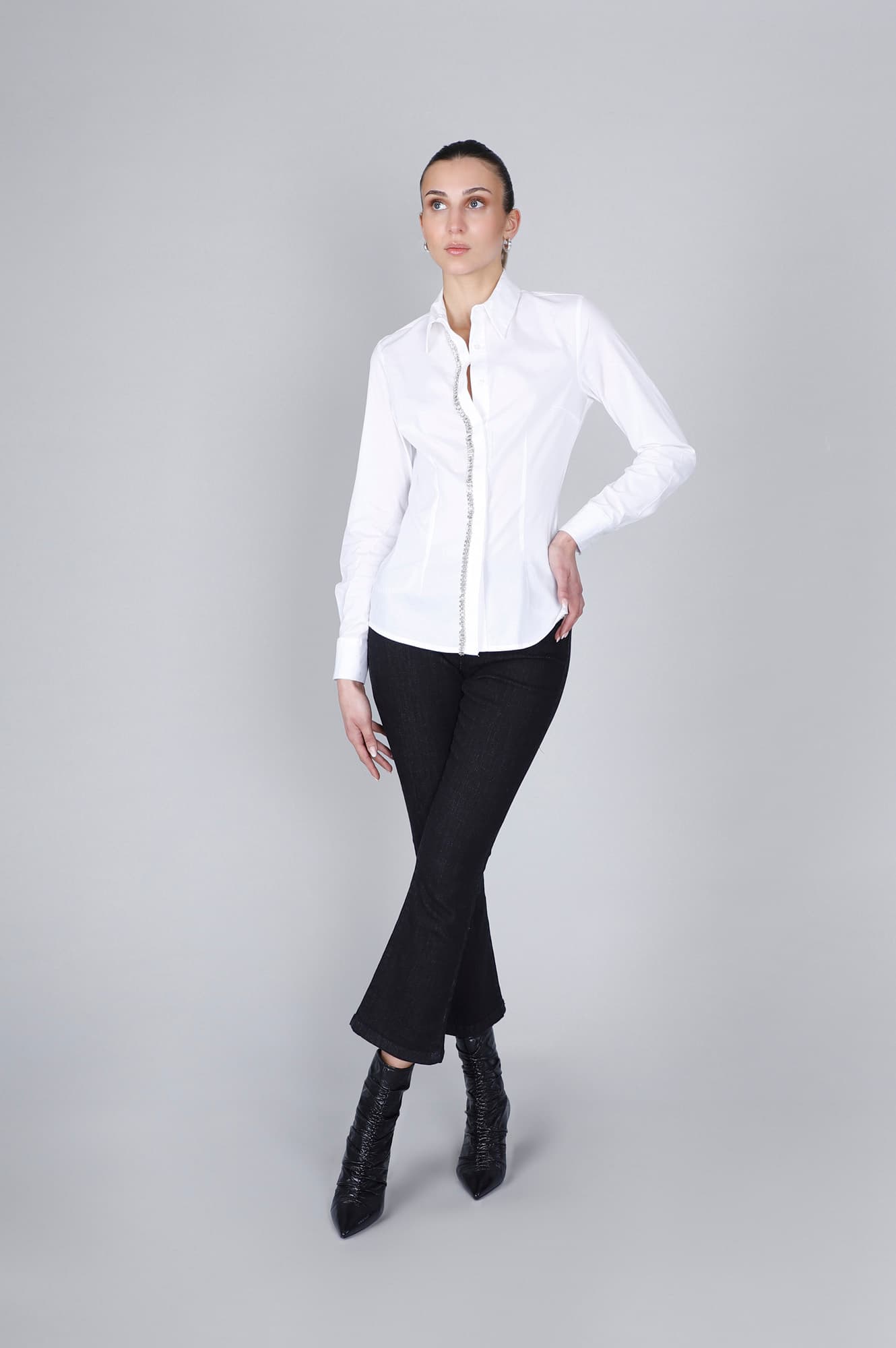 CafèNoir — Camicia in popeline con passamaneria strass davanti bianco