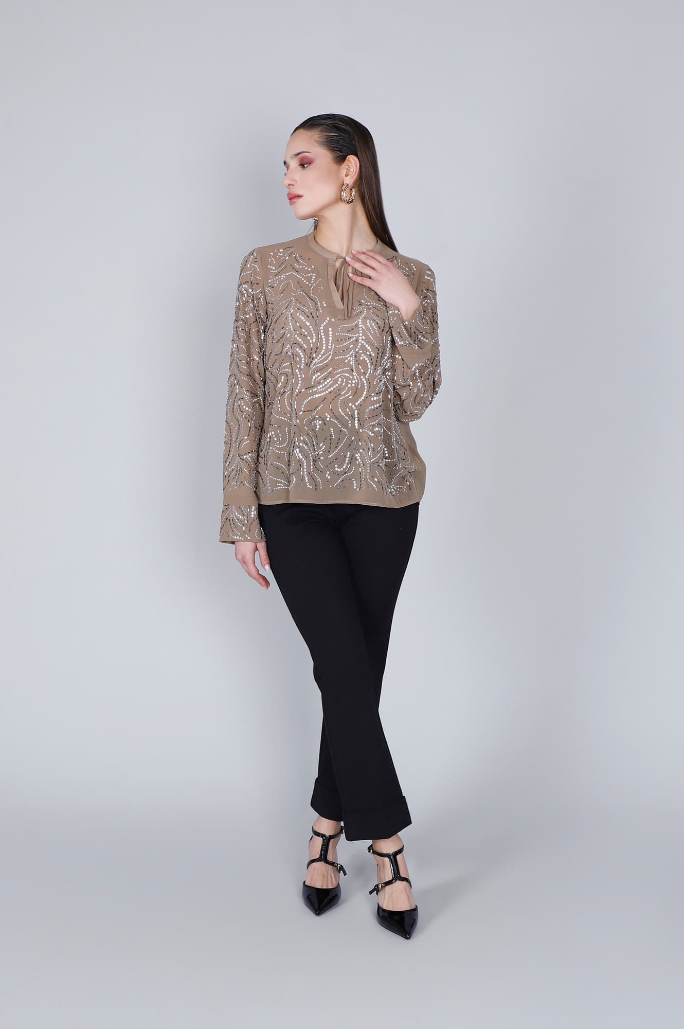 CafèNoir — Blusa con ricamo strass multibeige
