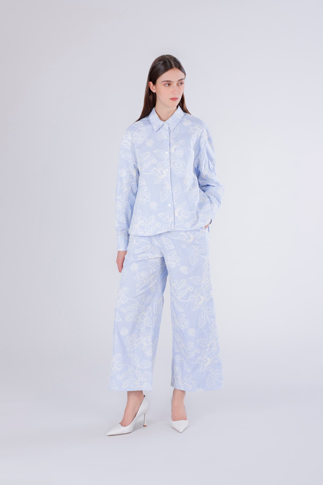 CafèNoir — Camicia over in popeline rigato e ricamato rigato celeste