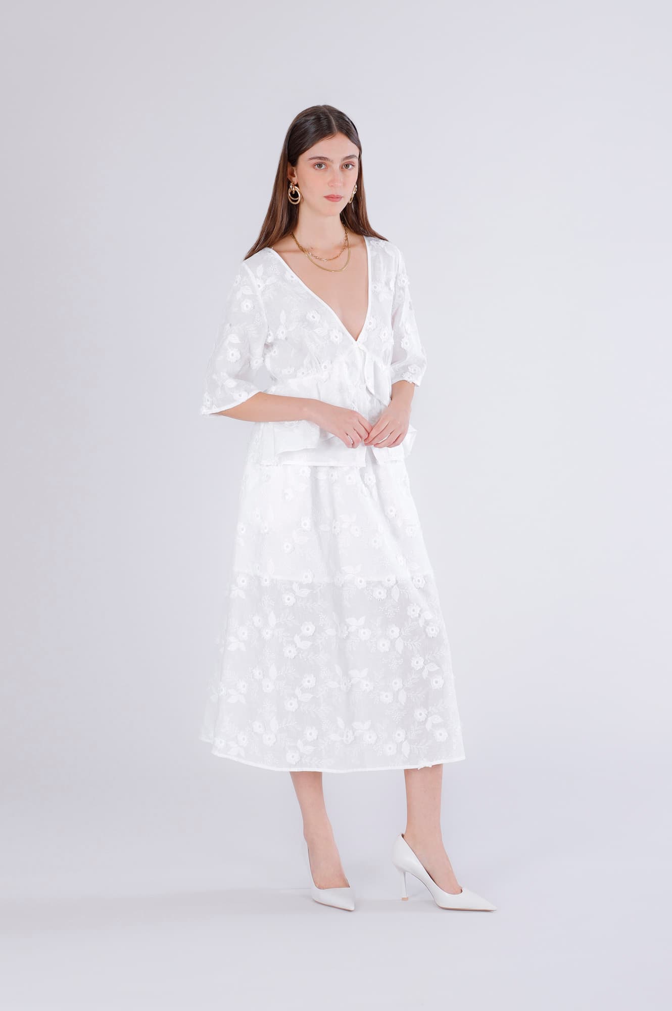 CafèNoir — Blusa con maniche corte e balza in mussola di cotone ricamata off white