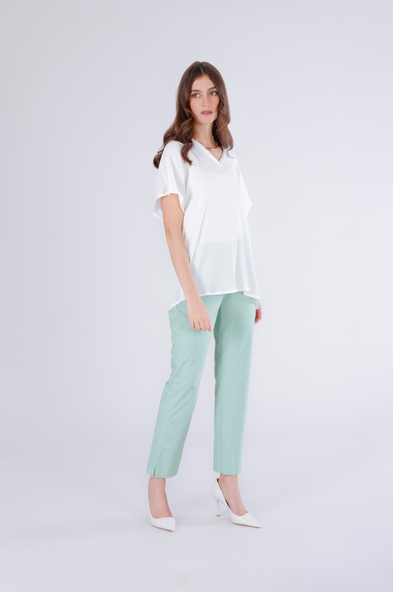 CafèNoir — Blusa manica corta a kimono con rifiniture in raso bianco