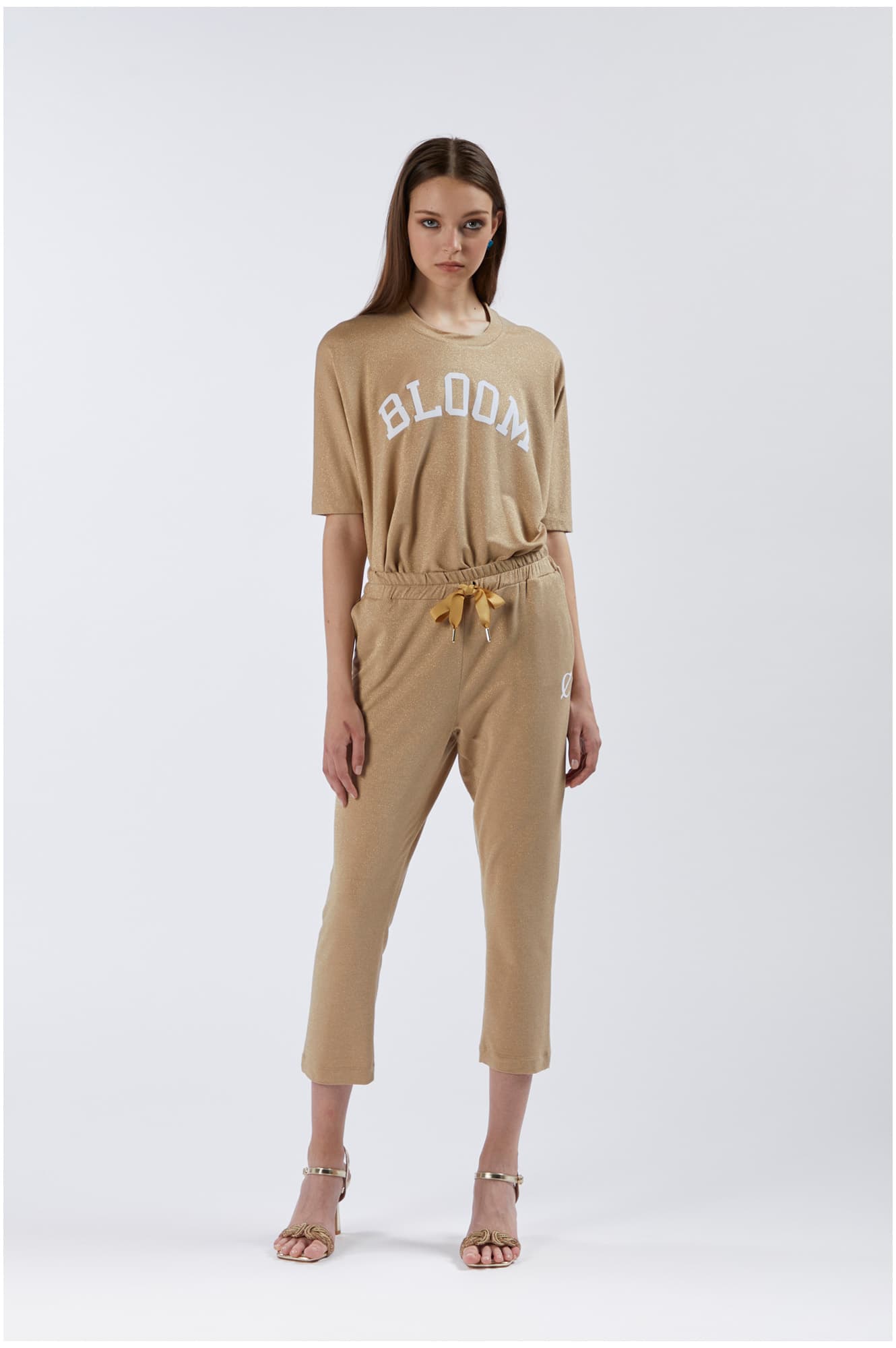 Pantalone jogger in tessuto lurex light gold — vista 3