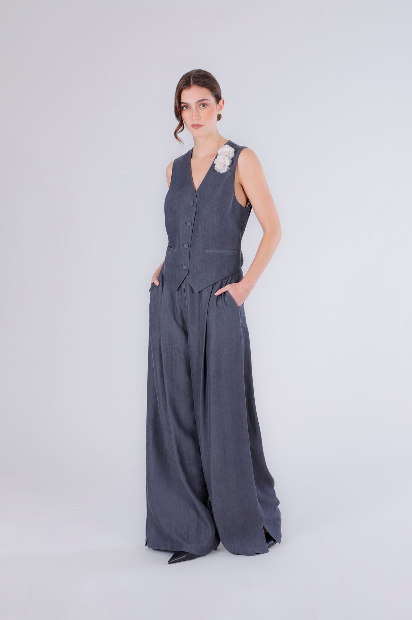 CafèNoir — Gilet in tencel denim cn fodera stampata lavagna