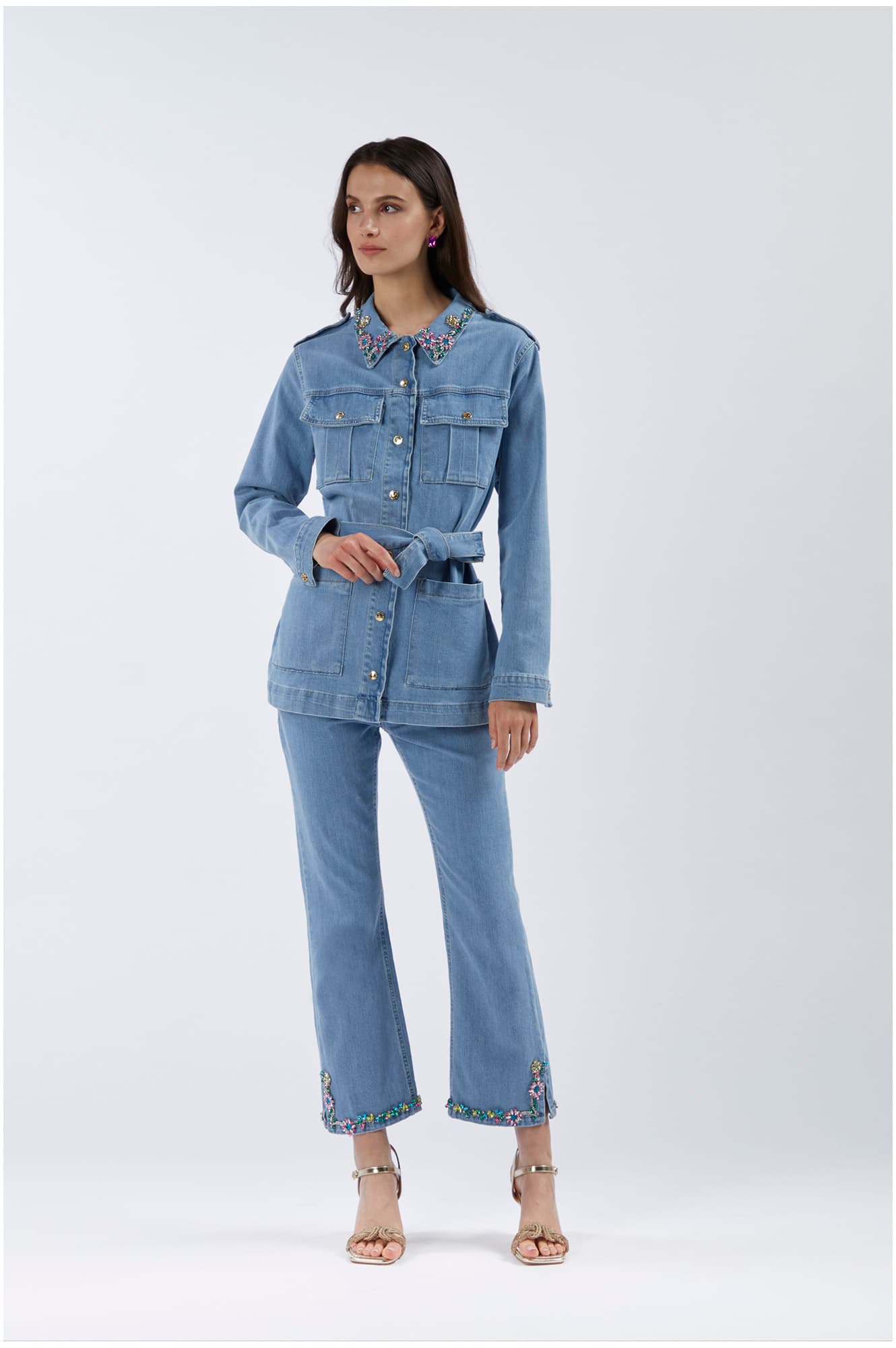 CafèNoir — Field jacket in denim con colletto ricamato sky