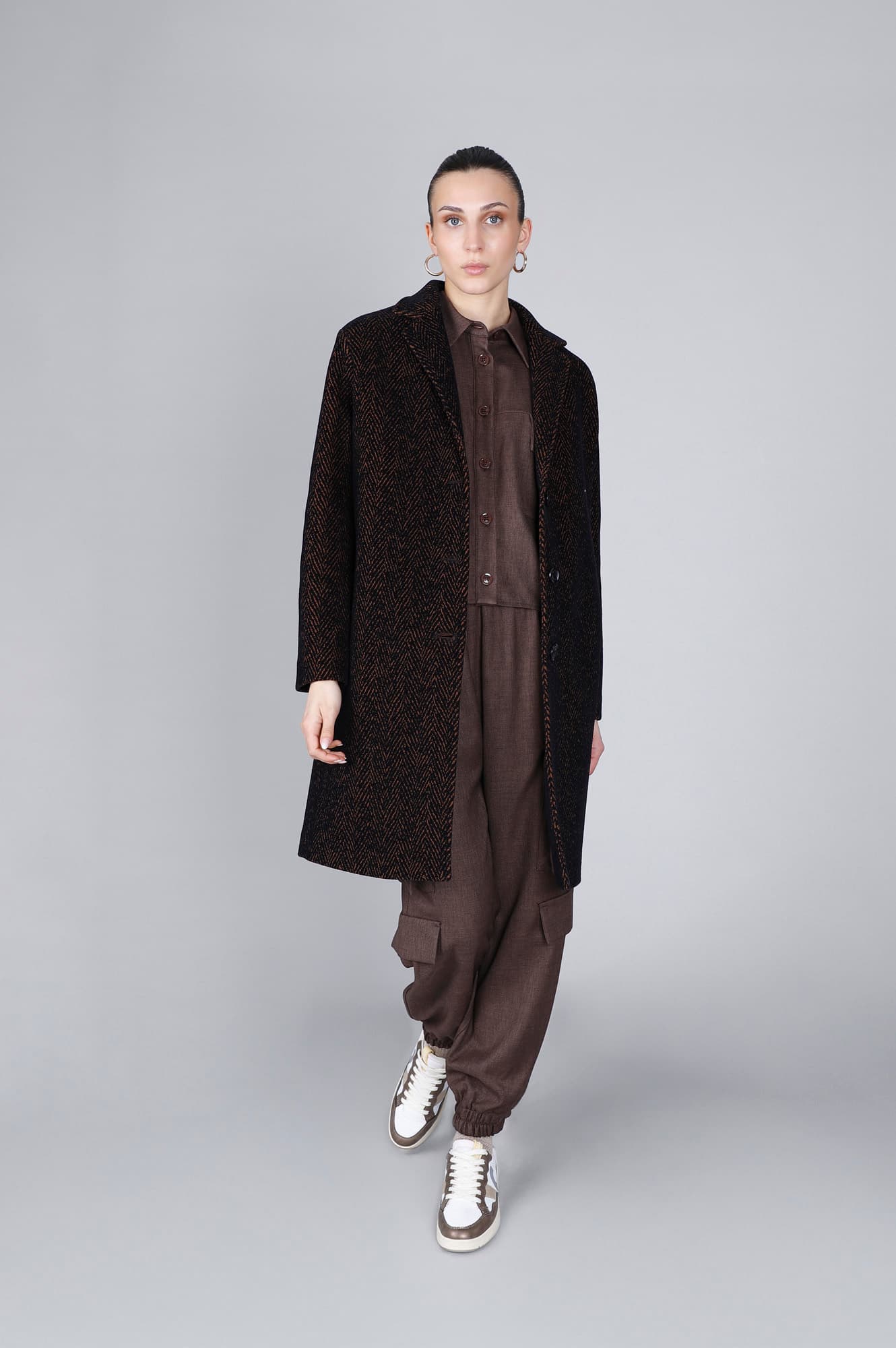 CafèNoir — Cappotto monopetto tessuto floccato caramello/nero