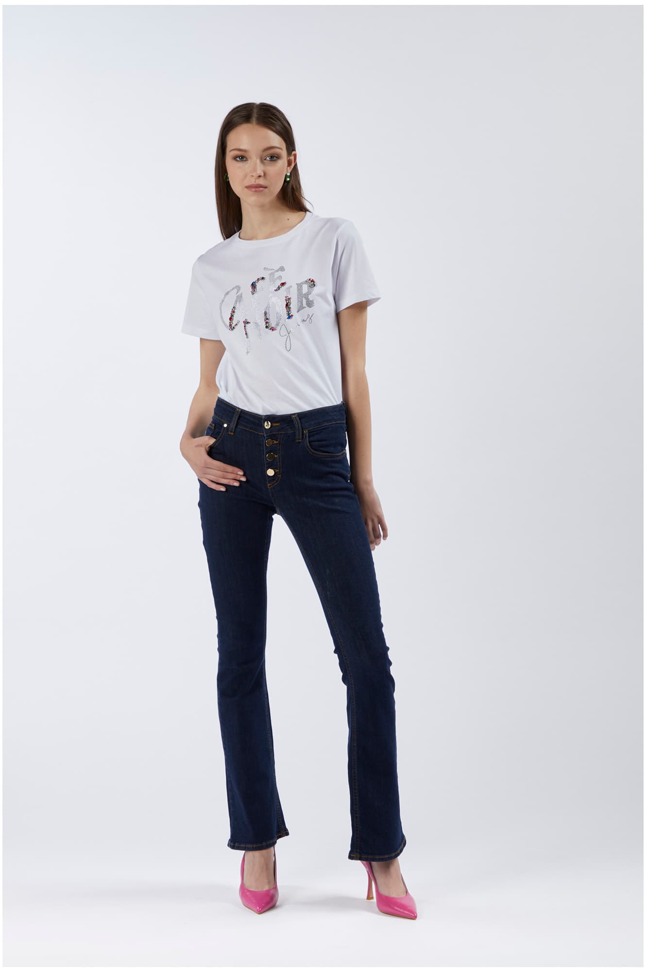 CafèNoir — Jeans denim flare con bottoniera indaco
