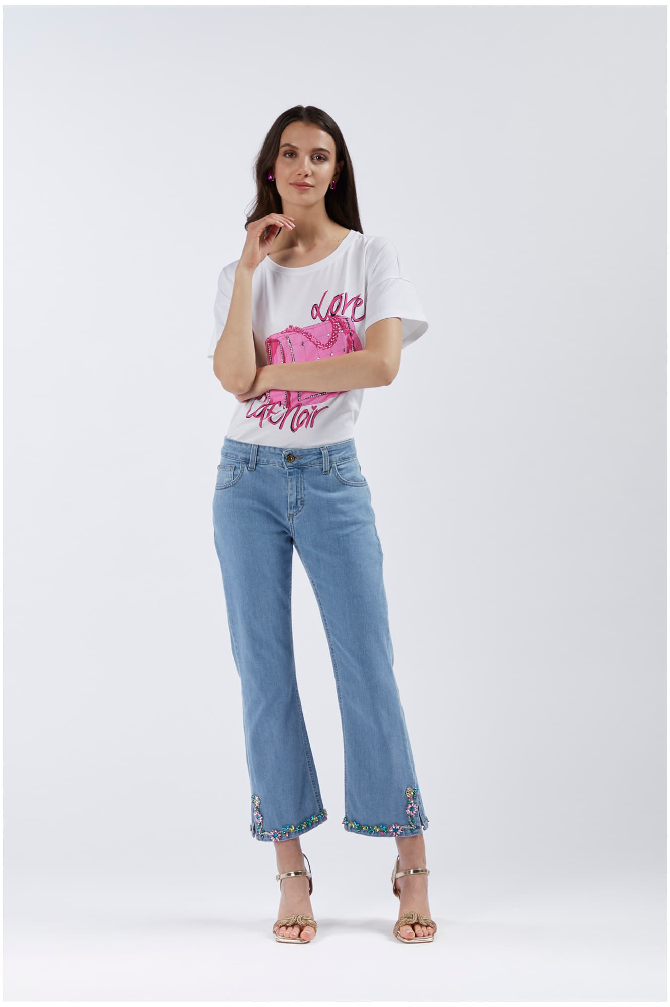 CafèNoir — Jeans denim boot cut con ricamo sul fondo sky