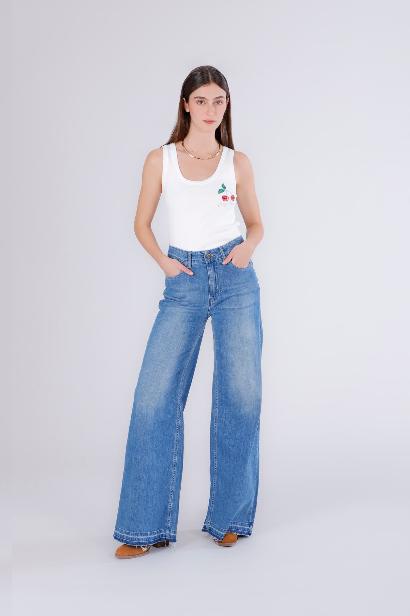 Jeans palazzo con orlo sciolto blu medio — vista 3