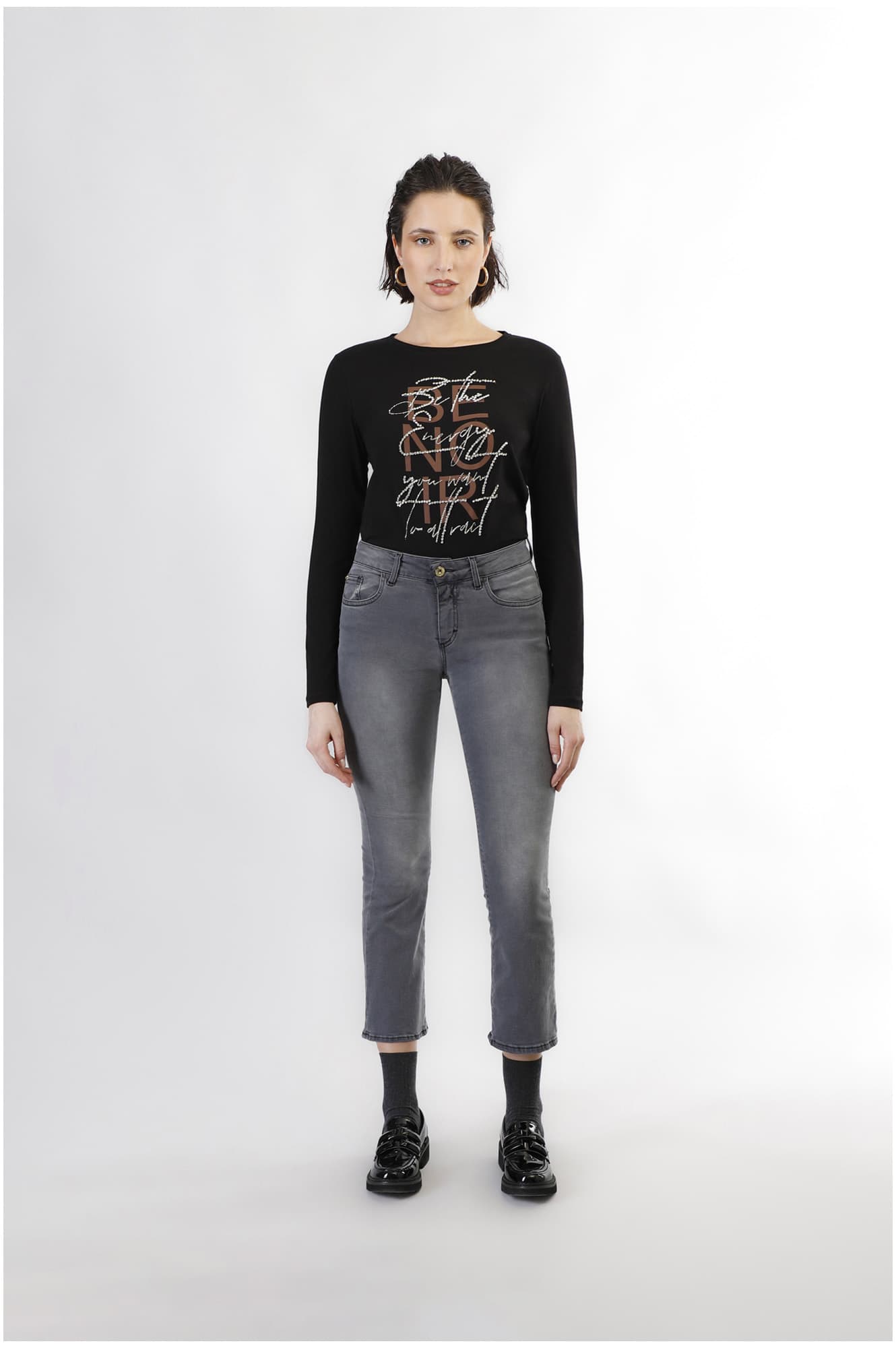 CafèNoir — Jeans denim cropped flare grigio