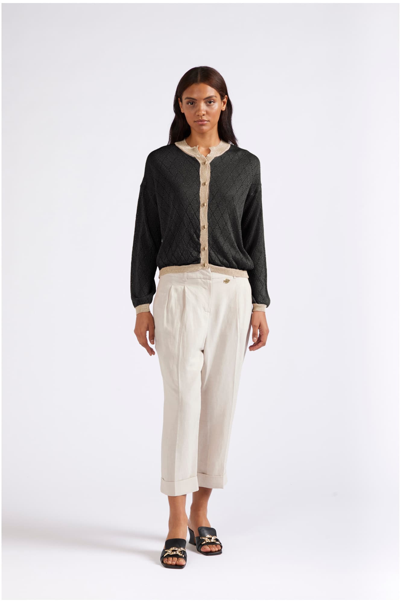 CafèNoir — Cardigan girocollo in lurex motivo traforo nero