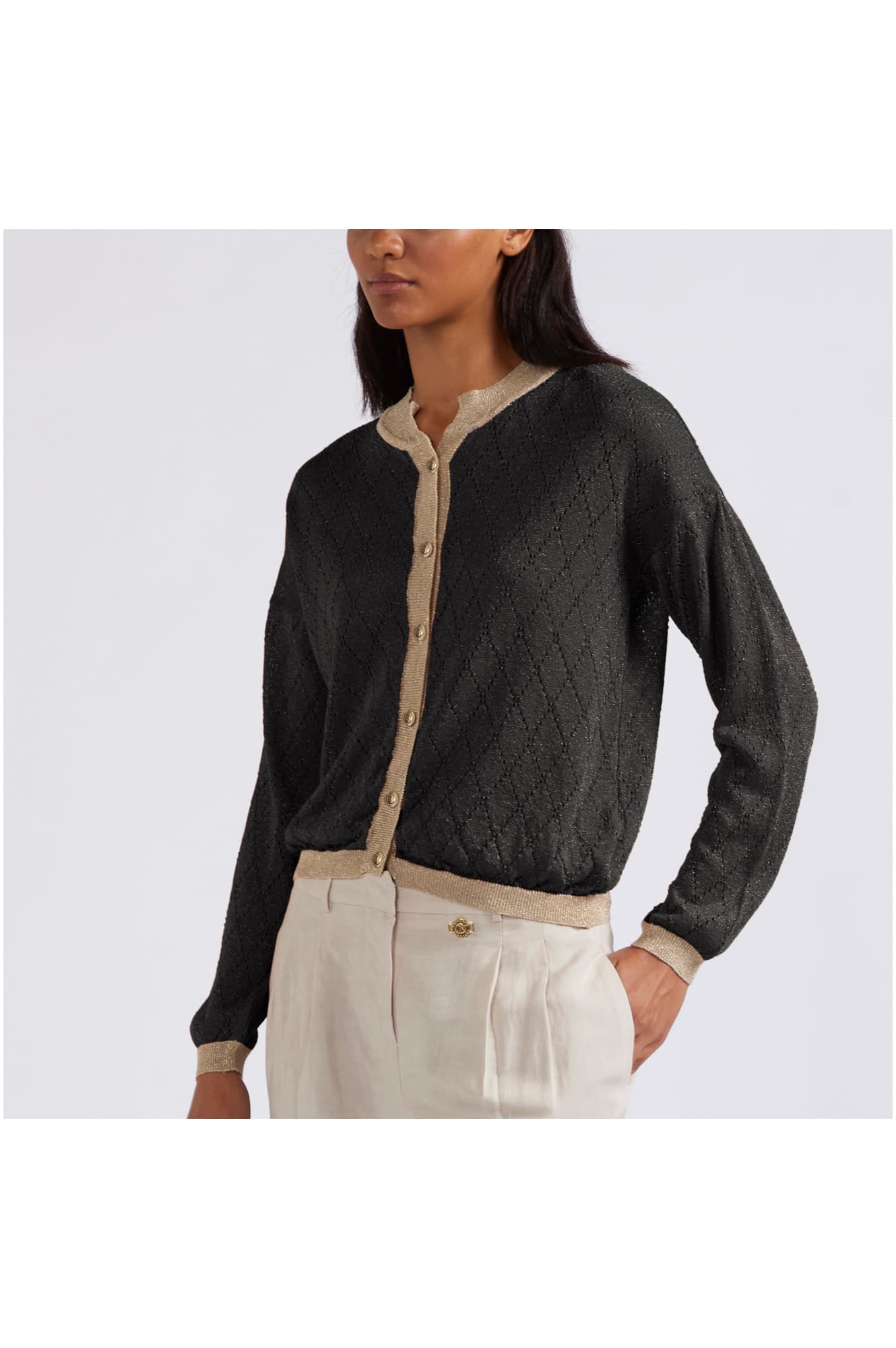 Cardigan girocollo in lurex motivo traforo nero — vista 2