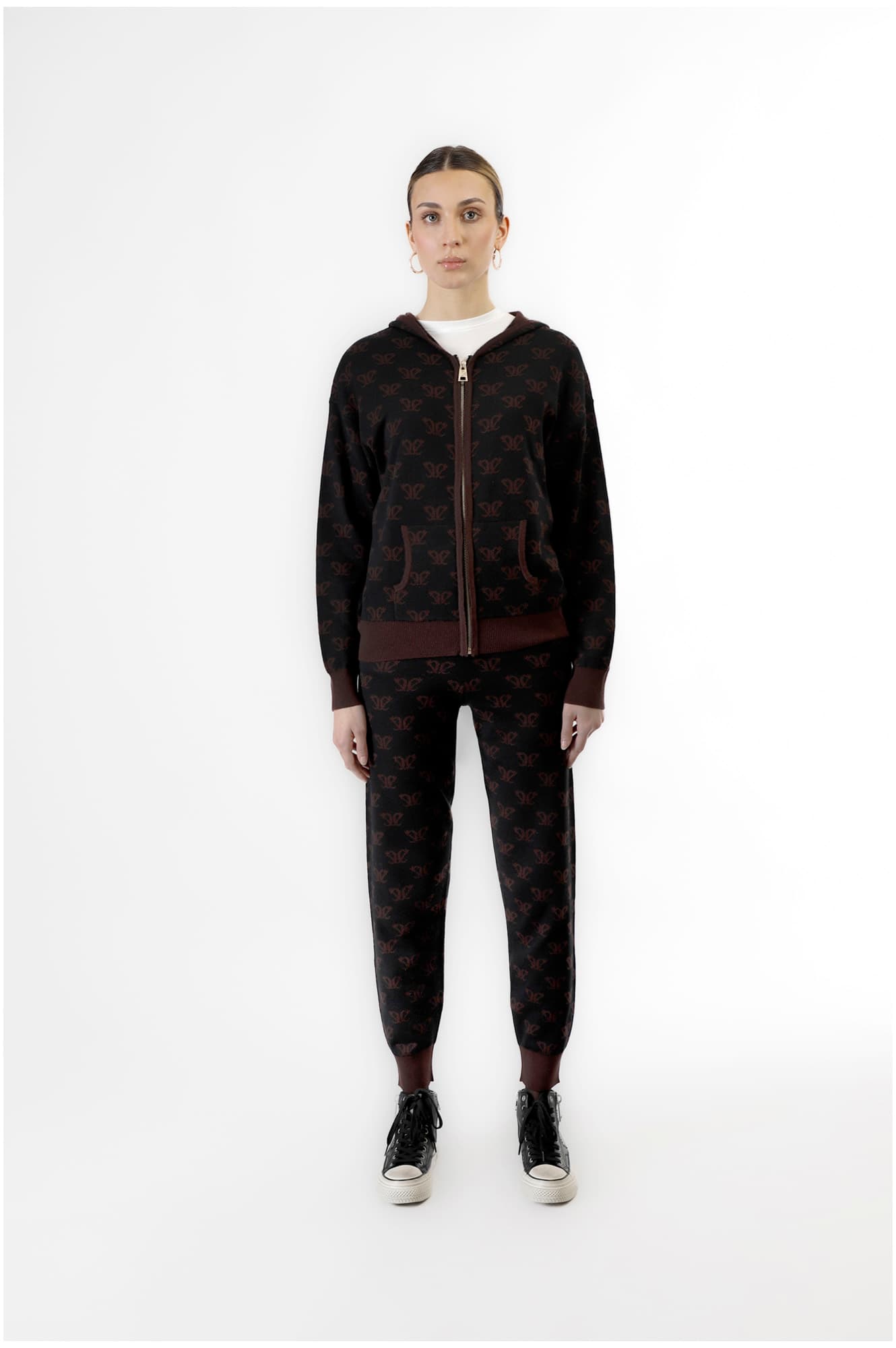 CafèNoir — Maglia con zip con cappuccio e logo jacquard multinero