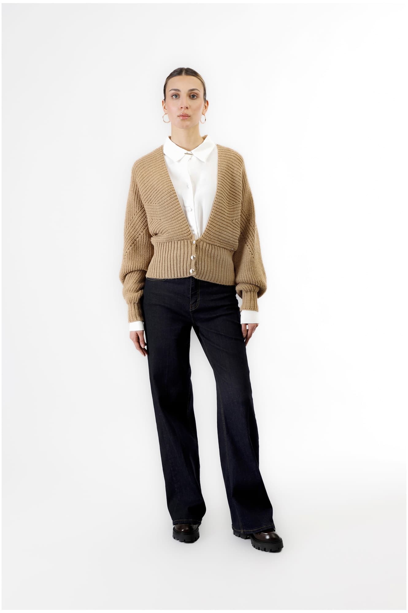 CafèNoir — Cardigan con scollatura a "v" profonda cammello