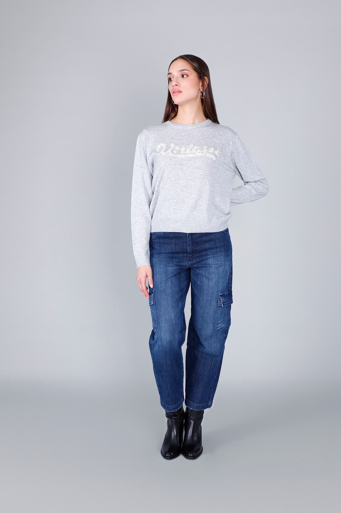 CafèNoir — Maglia girocollo con scritta ricamata grigio