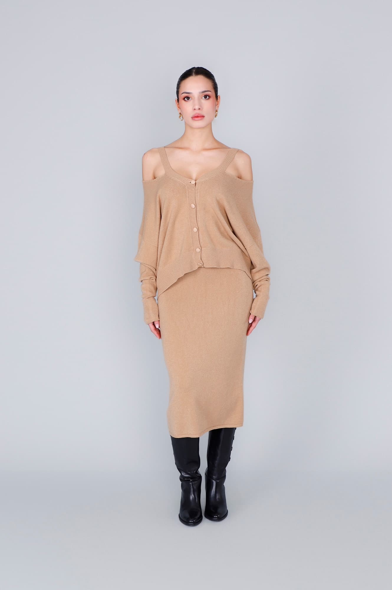 CafèNoir — Cardigan cut out scollatura a "v" cammello