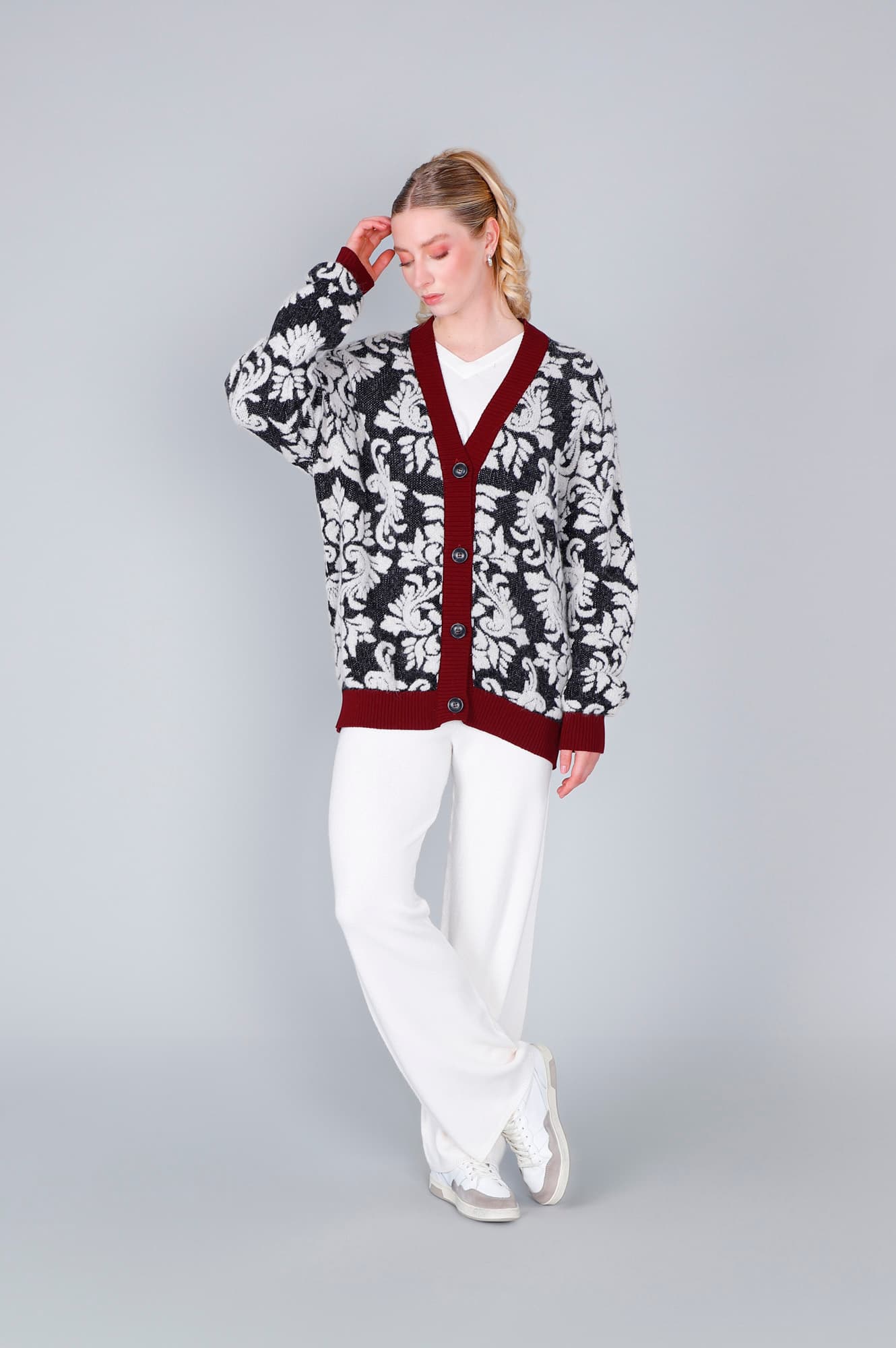CafèNoir — Maxy cardigan lavorazione jacquard baroque b/n