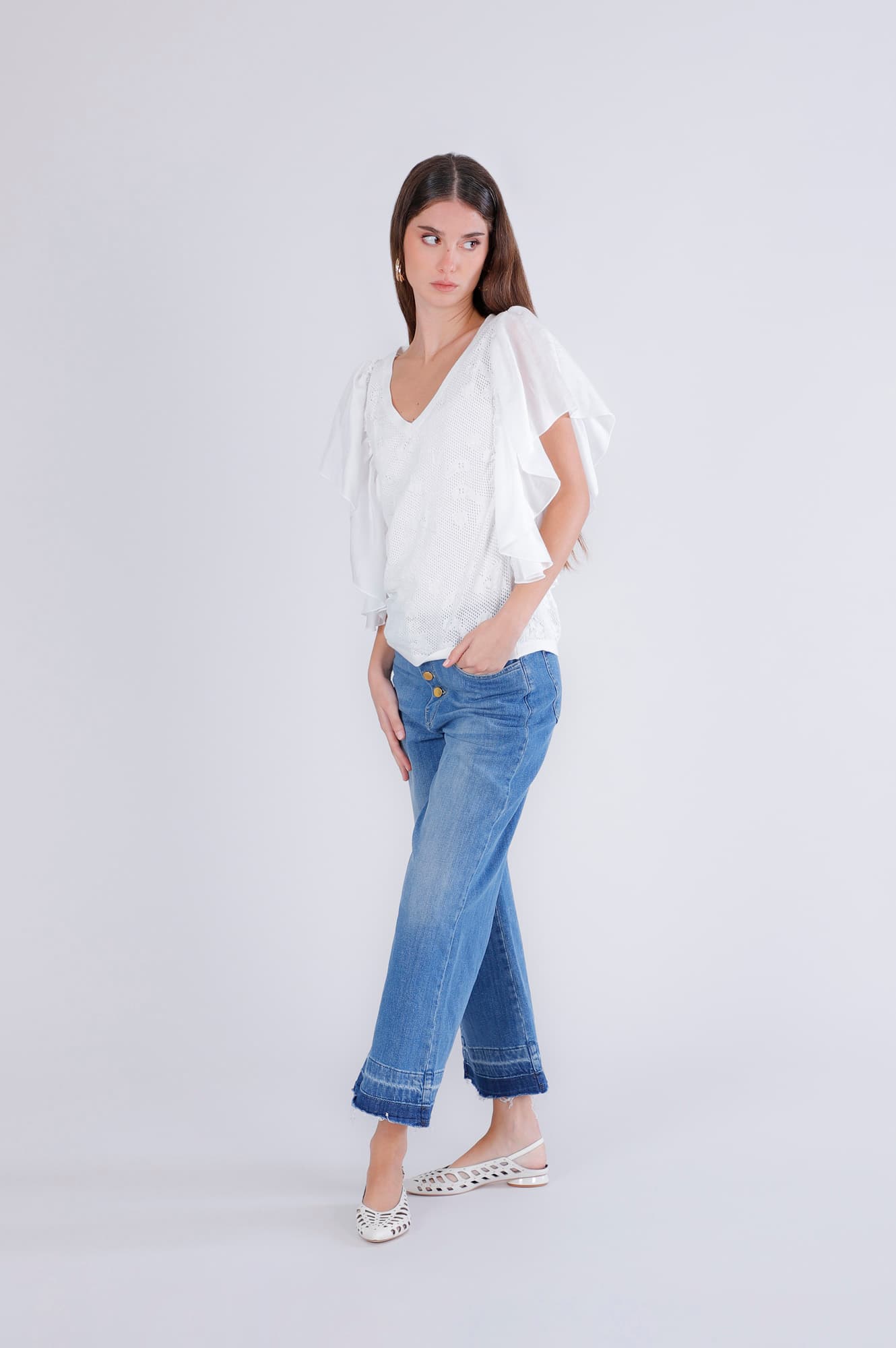 CafèNoir — Top in punto pizzo da donna con maniche arricciate off white
