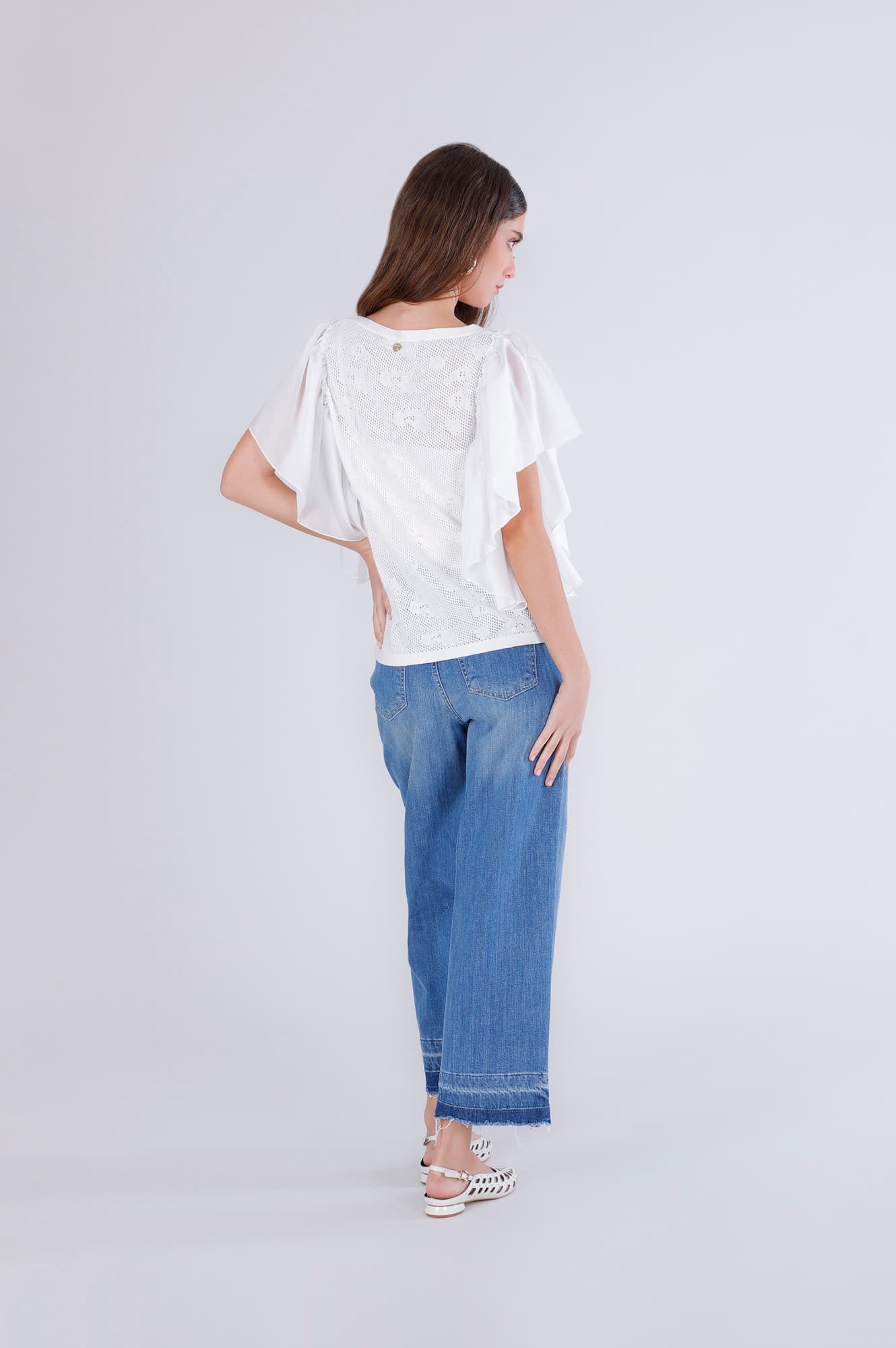 Top in punto pizzo da donna con maniche arricciate off white — vista 2