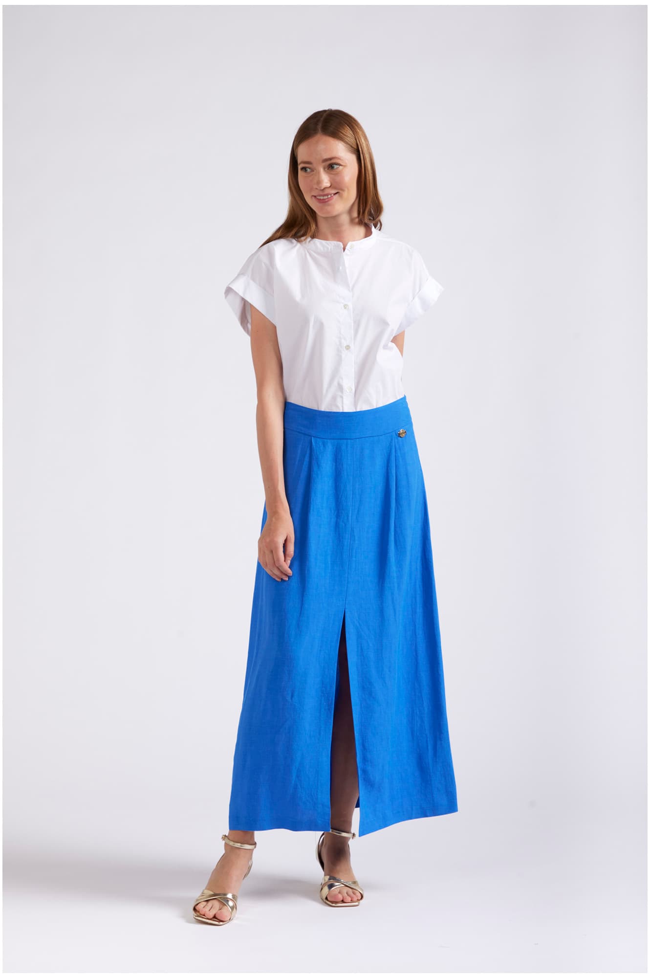 Gonna misto lino con spacco anteriore bluette — vista 3
