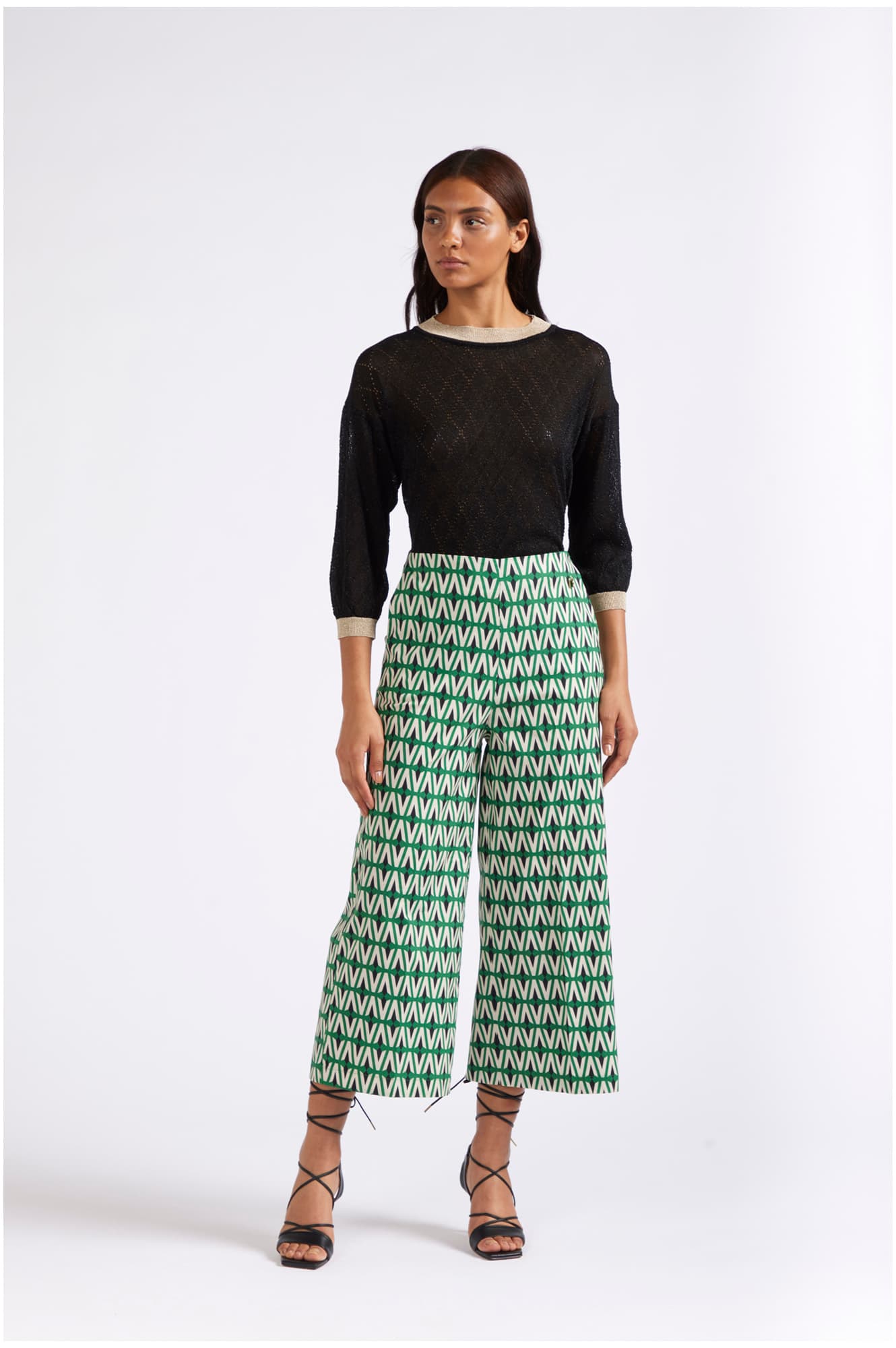 CafèNoir — Pantaloni palazzo cropped in popeline stampato rombo multiverde