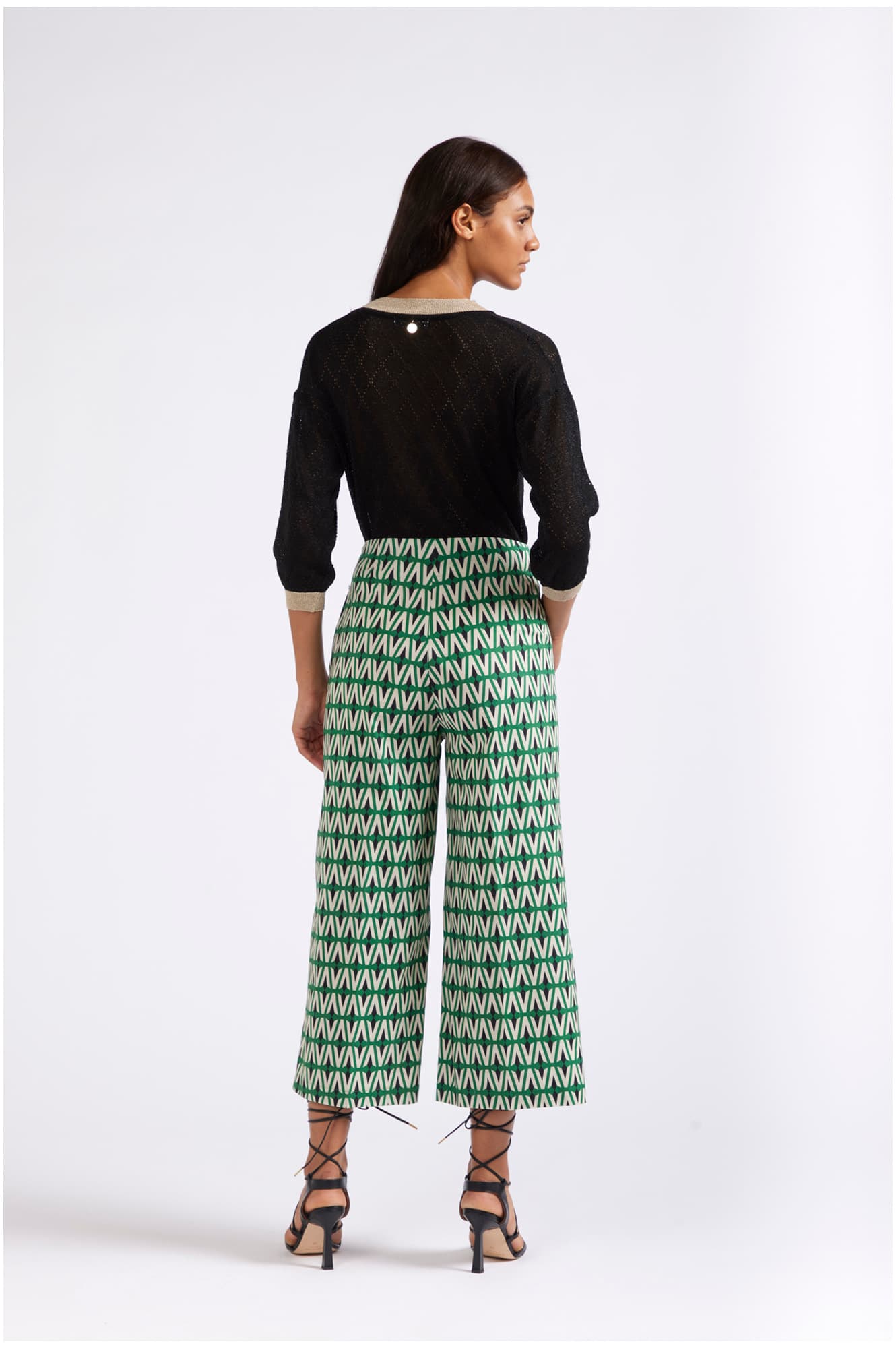 Pantaloni palazzo cropped in popeline stampato rombo multiverde — vista 2