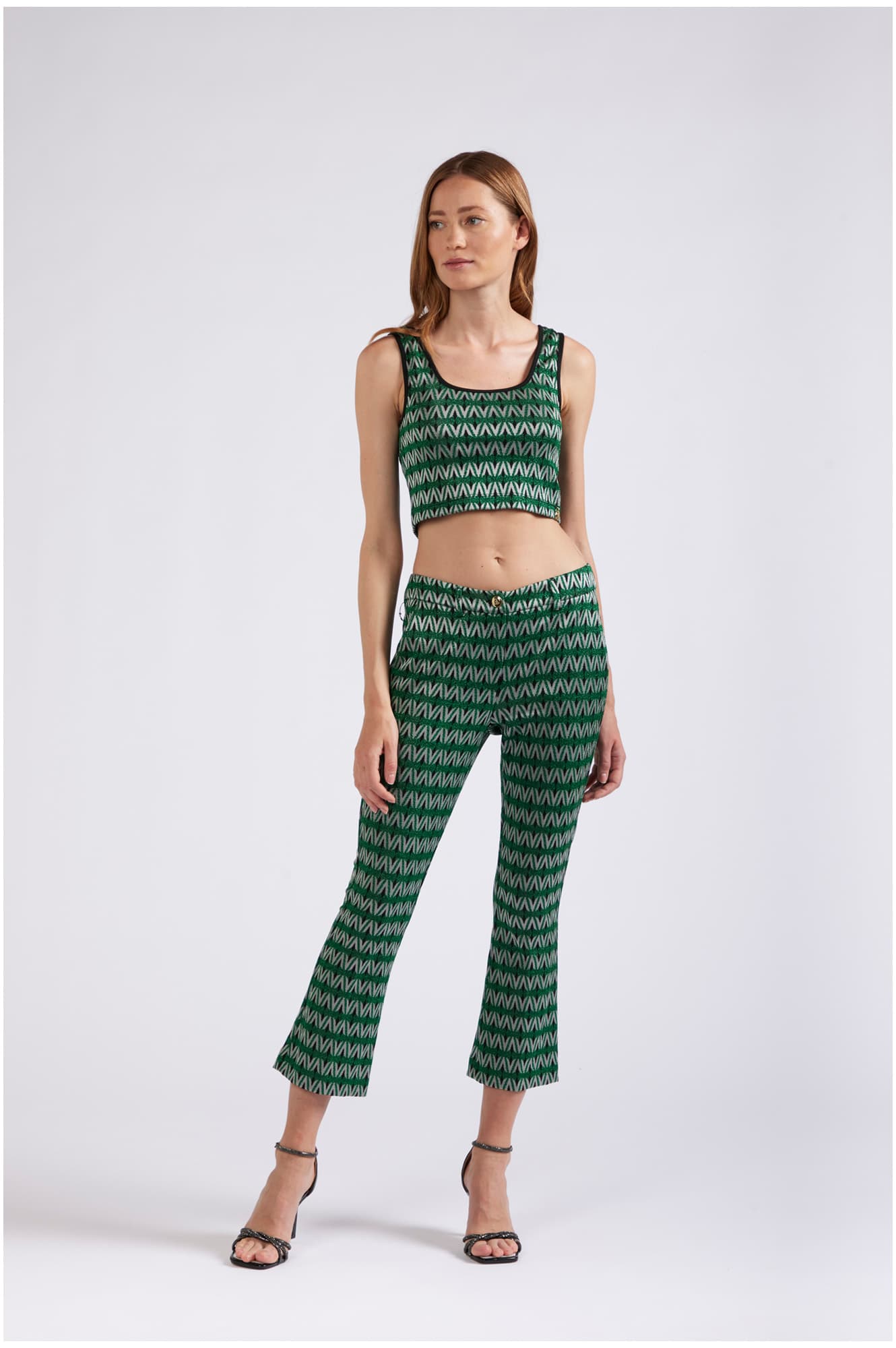 CafèNoir — Pantaloni cropped flare tessuto jacquard rombo multiverde