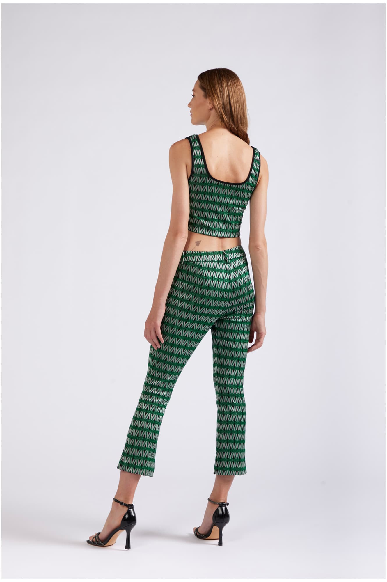 Pantaloni cropped flare tessuto jacquard rombo multiverde — vista 2