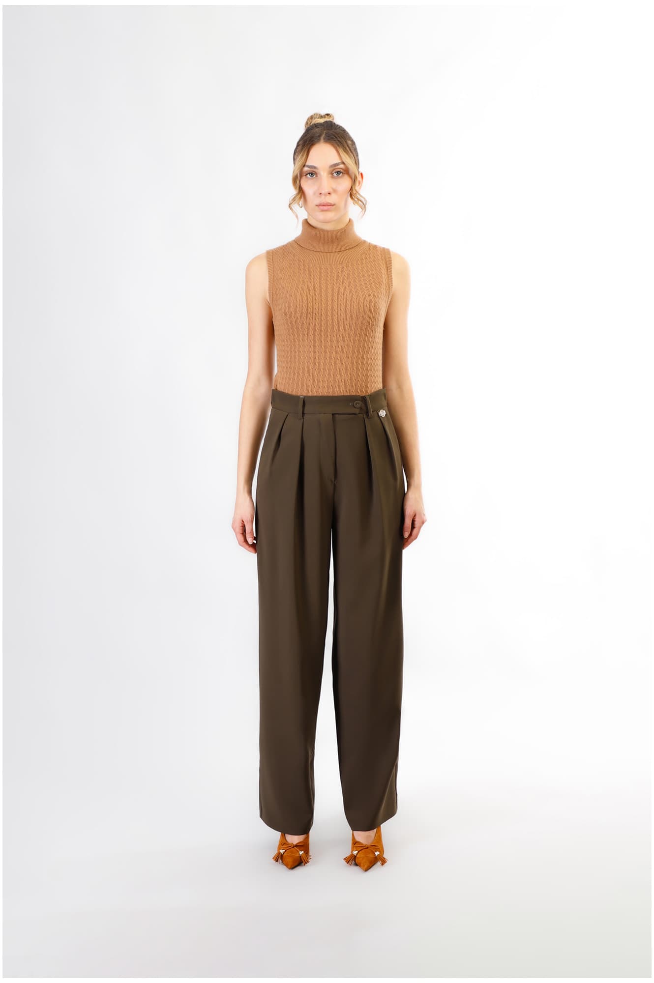 CafèNoir — Pantaloni gamba dritta ampia tessuto bistretch fango