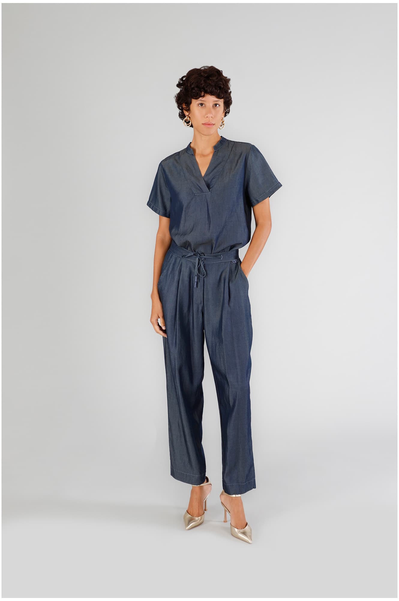CafèNoir — Pantaloni con pinces in tencel denim indaco