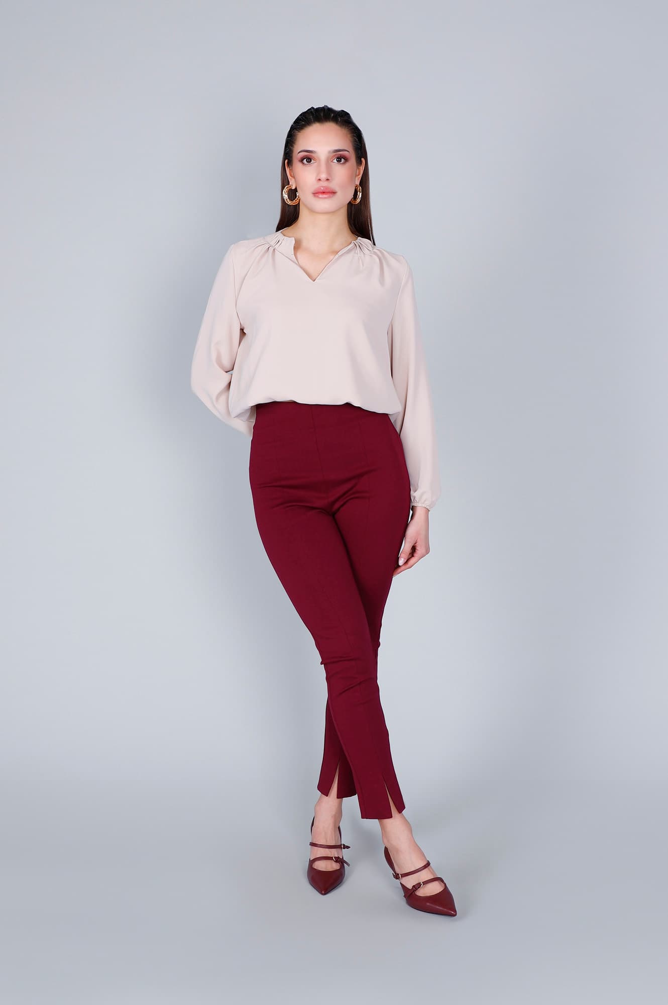 CafèNoir — Pantaloni skinny vita alta tessuto elasticizzato burgundy