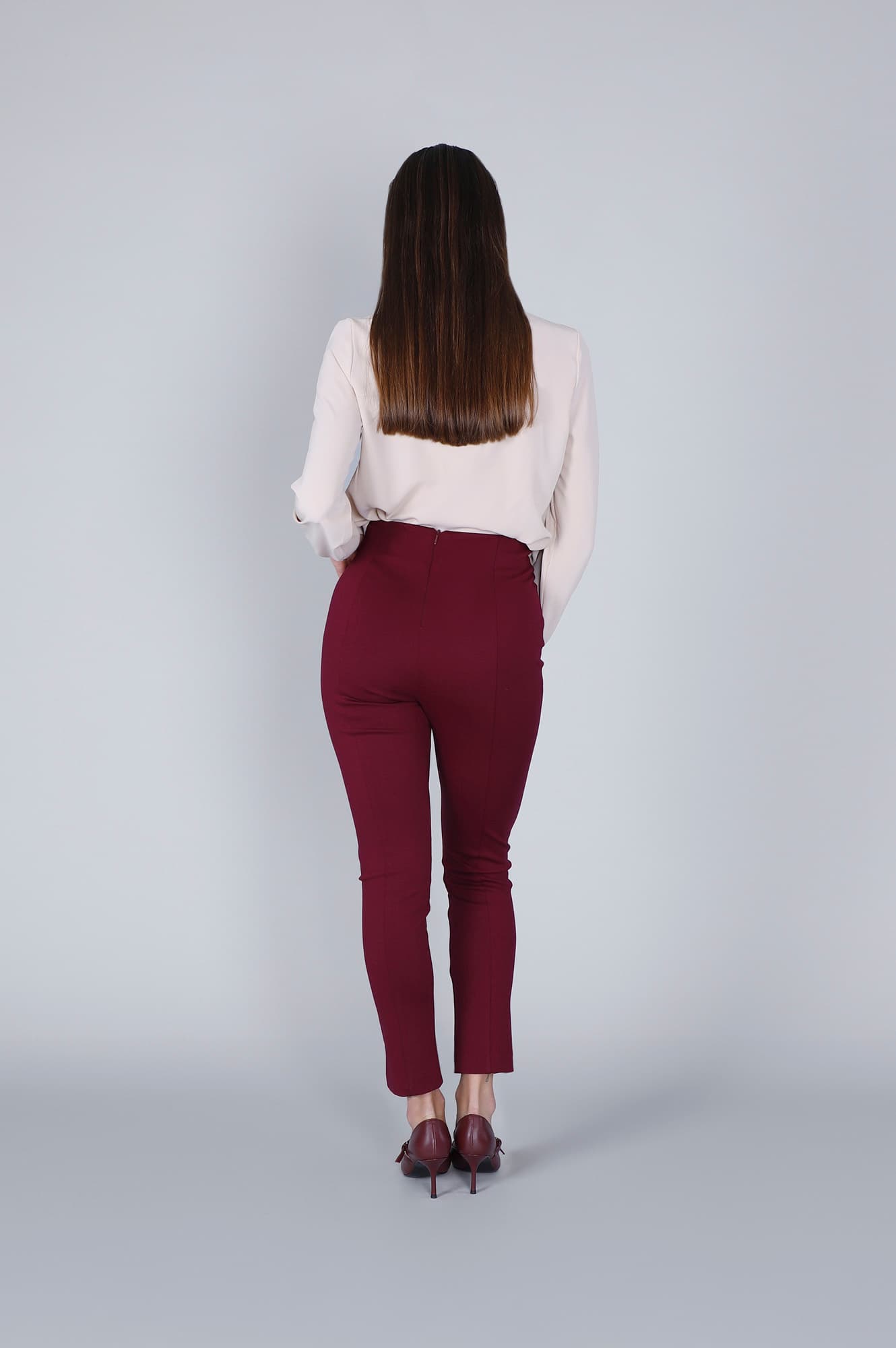 Pantaloni skinny vita alta tessuto elasticizzato burgundy — vista 2