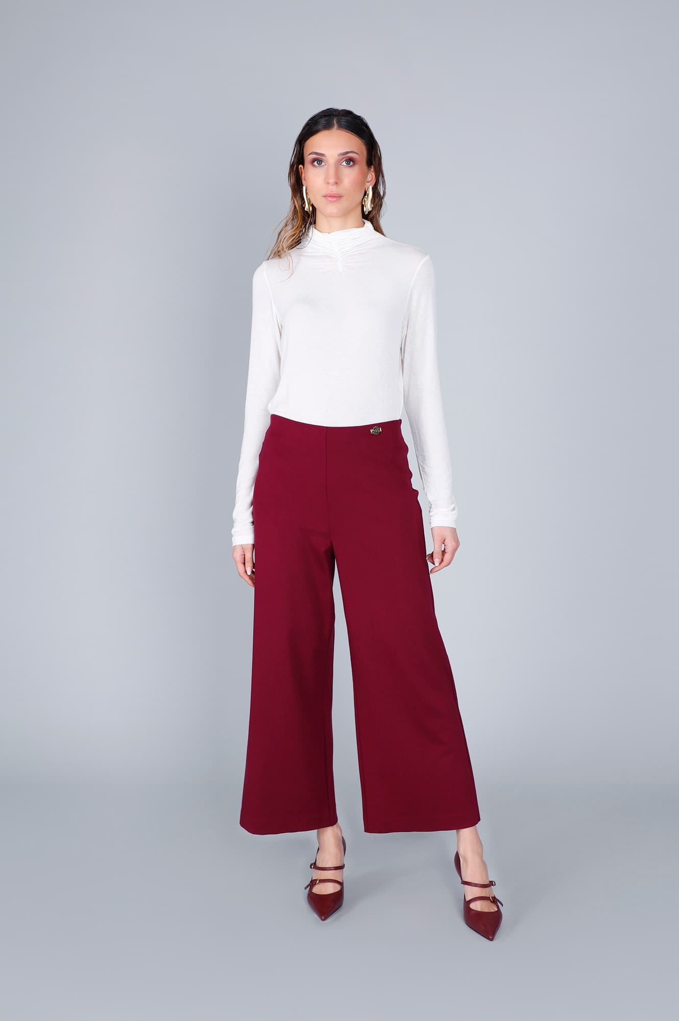 CafèNoir — Pantaloni gamba ampia tessuto elasticizzato burgundy