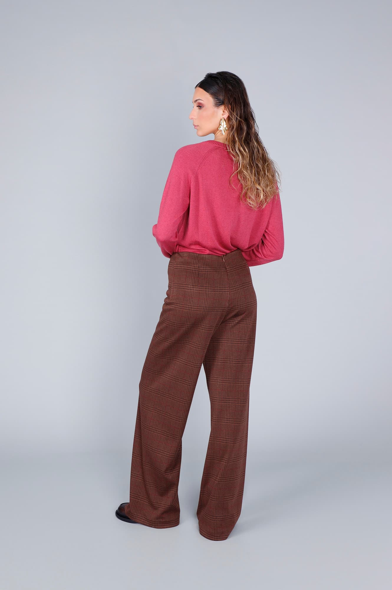 Pantaloni palazzo tessuto jacquard check cioccolato — vista 2
