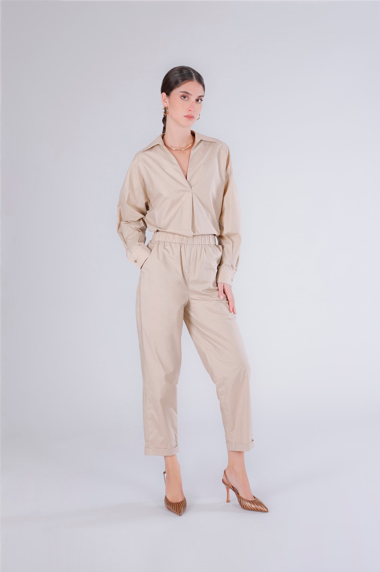 CafèNoir — Pantaloni tipo jogger in popeline sabbia