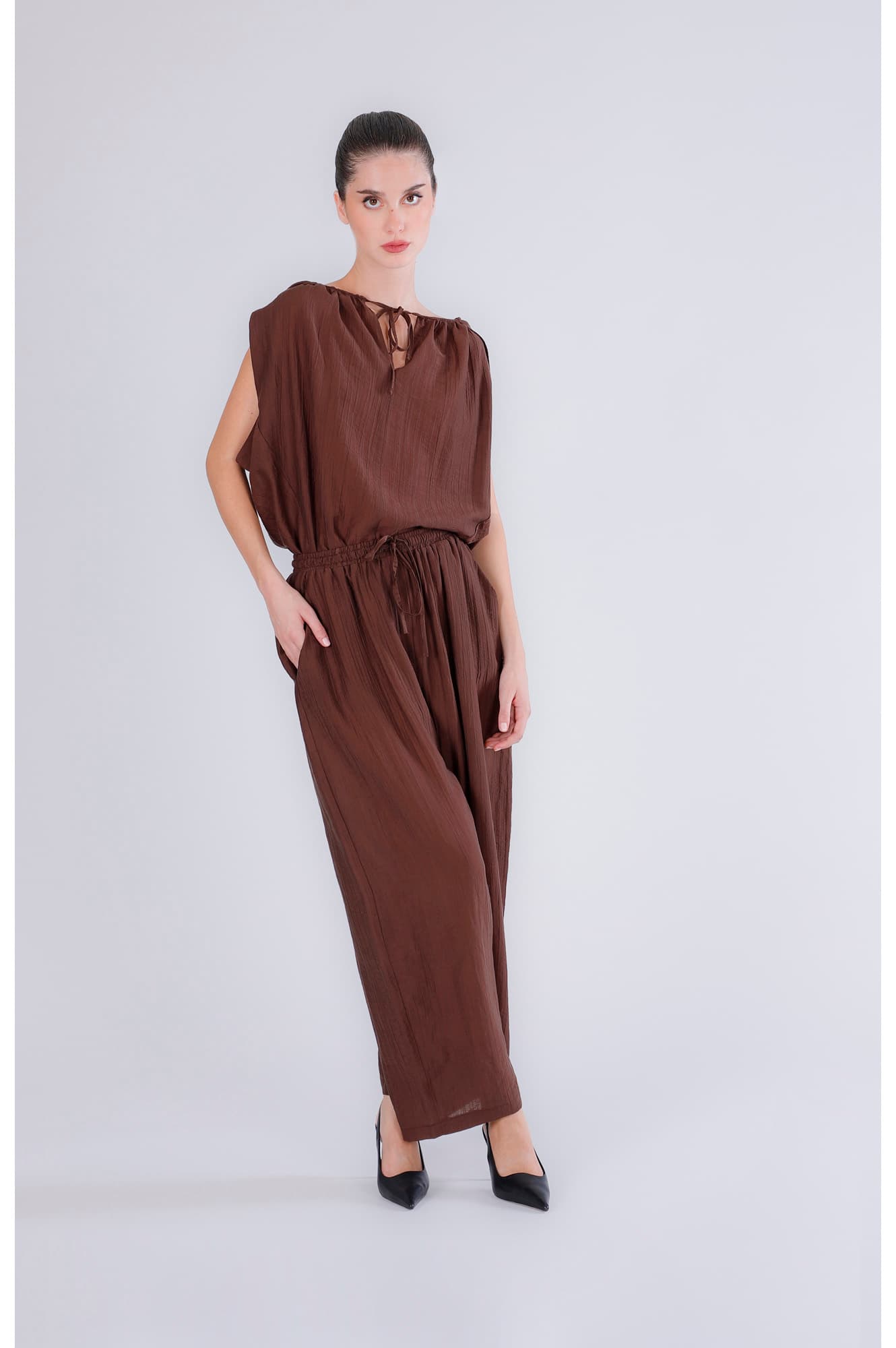 CafèNoir — Pantaloni vita elasticata tessuto arricciato espresso
