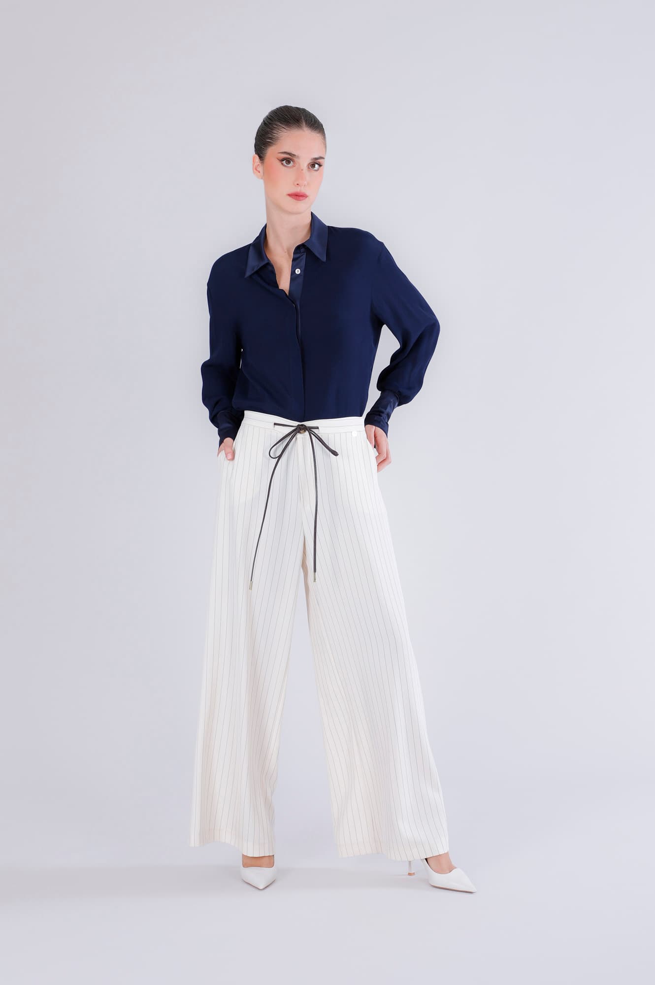 CafèNoir — Pantaloni gessati con cinturina in vita gessato corda