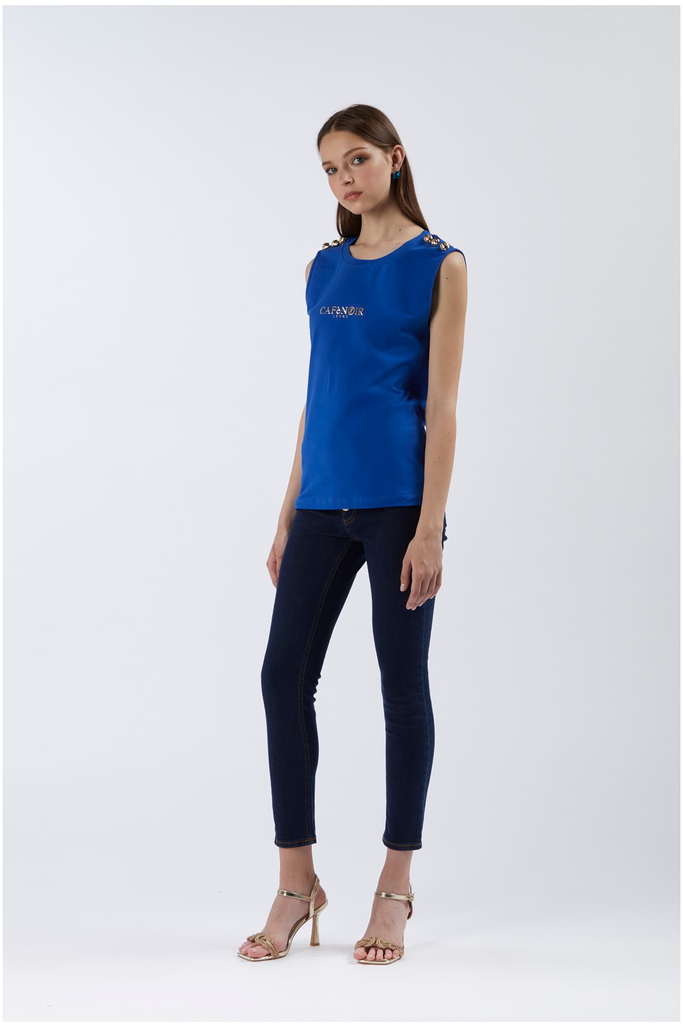 CafèNoir — T-shirt smanicata con bottoni e stampa logo royal