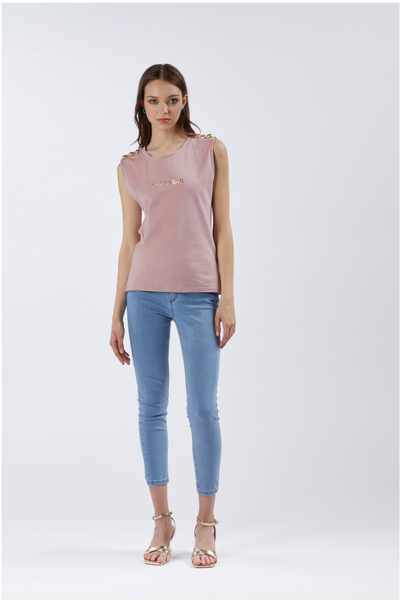 CafèNoir — T-shirt smanicata con bottoni e stampa logo cipria