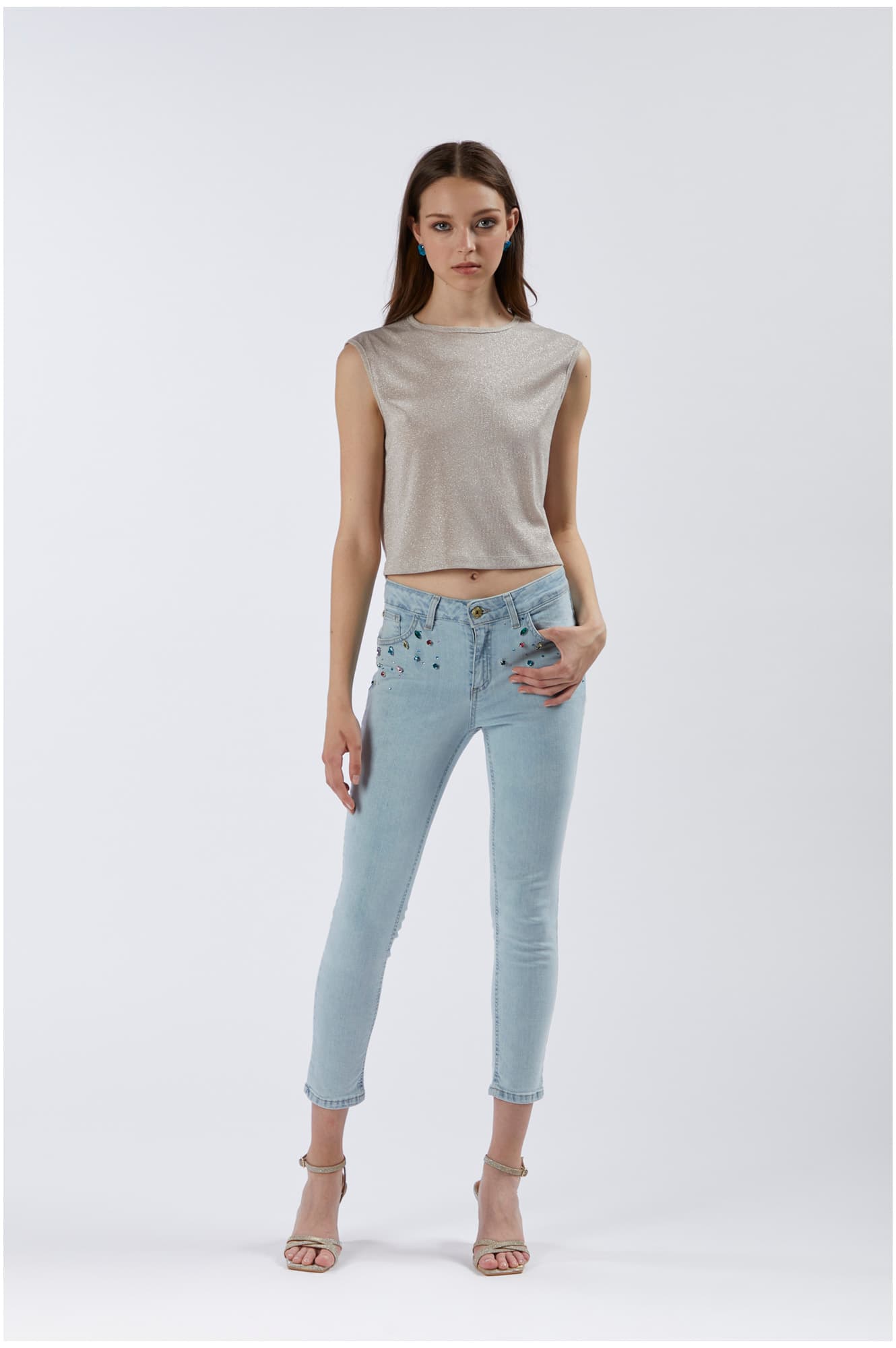 CafèNoir — Top corto smanicato in jersey con lurex light gold
