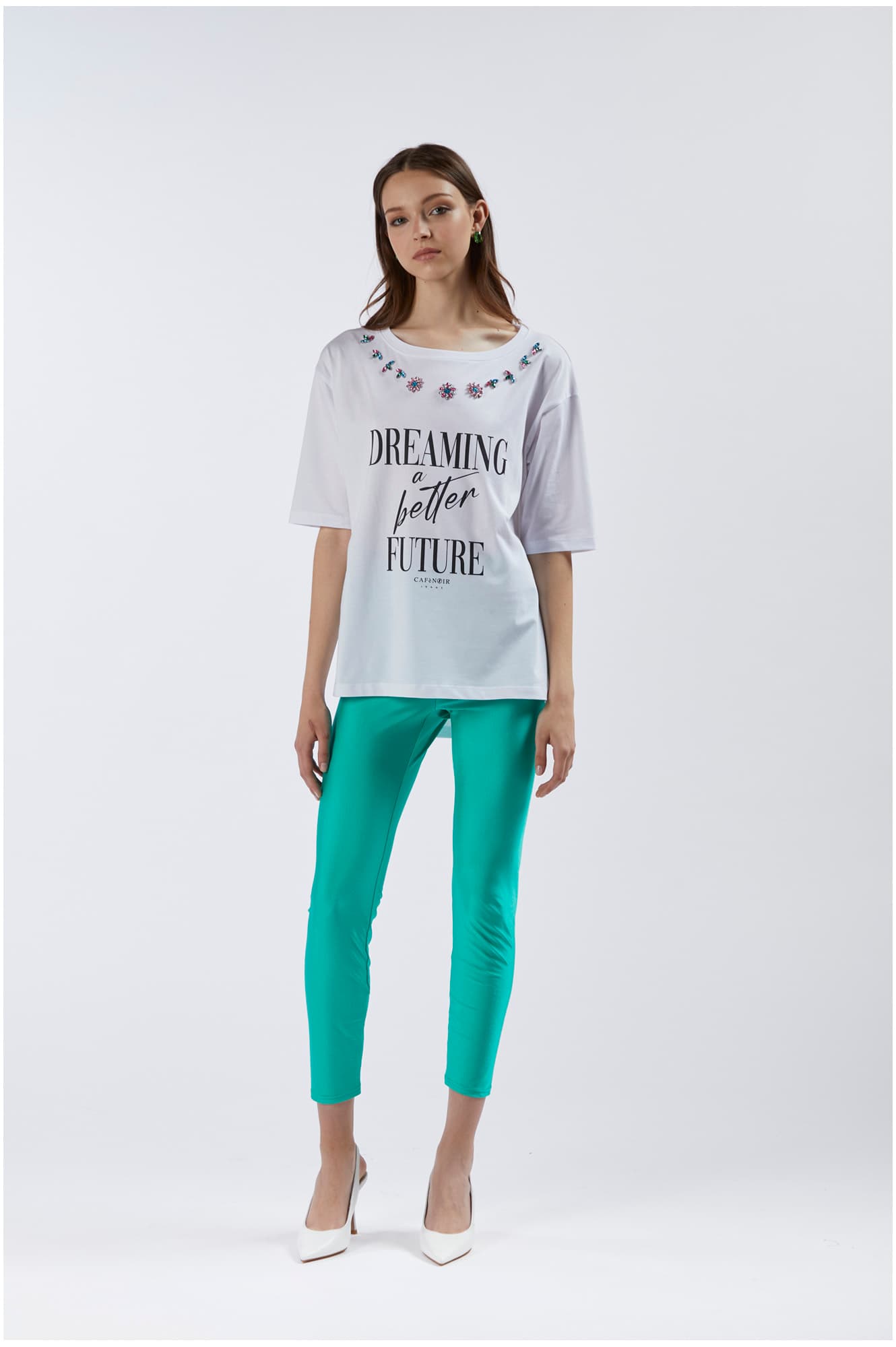 CafèNoir — T-shirt con stampa e applicazioni allo scollo bianco