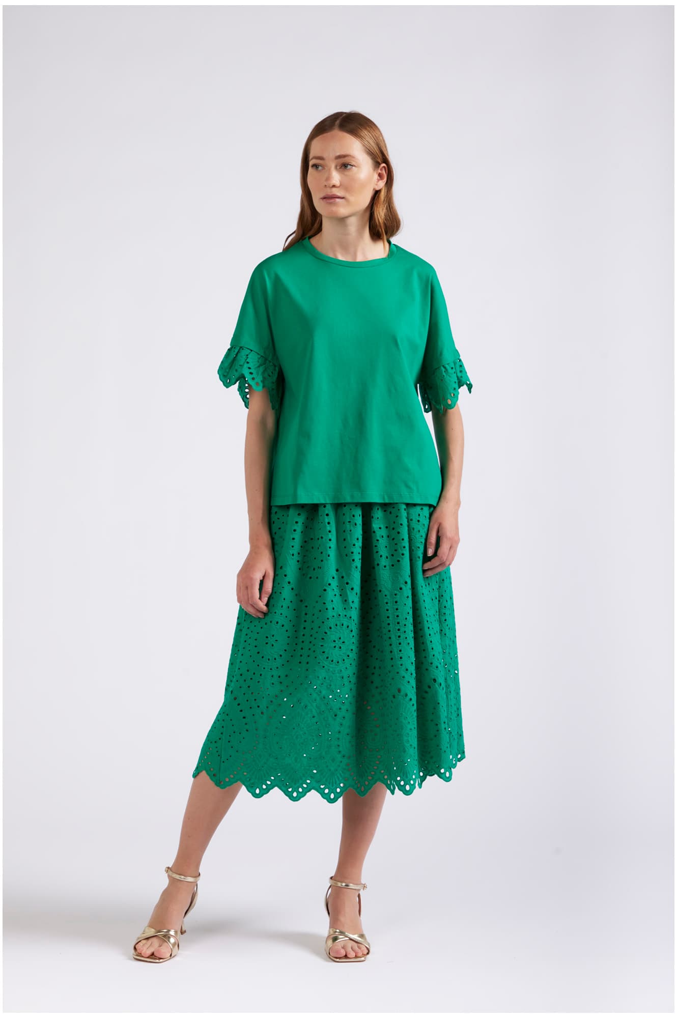 CafèNoir — T-shirt a scatolina con sangallo alle maniche verde