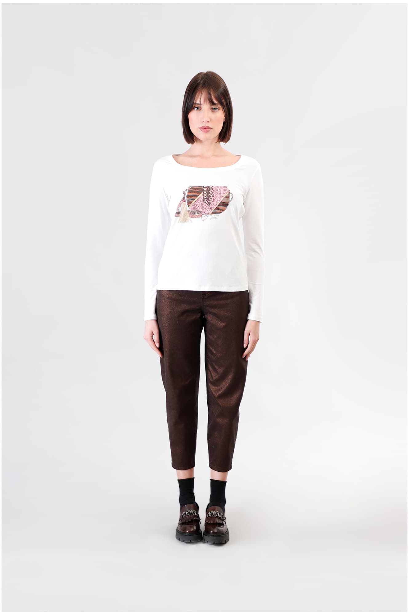 CafèNoir — T-shirt manica lunga stampa borsetta bianco