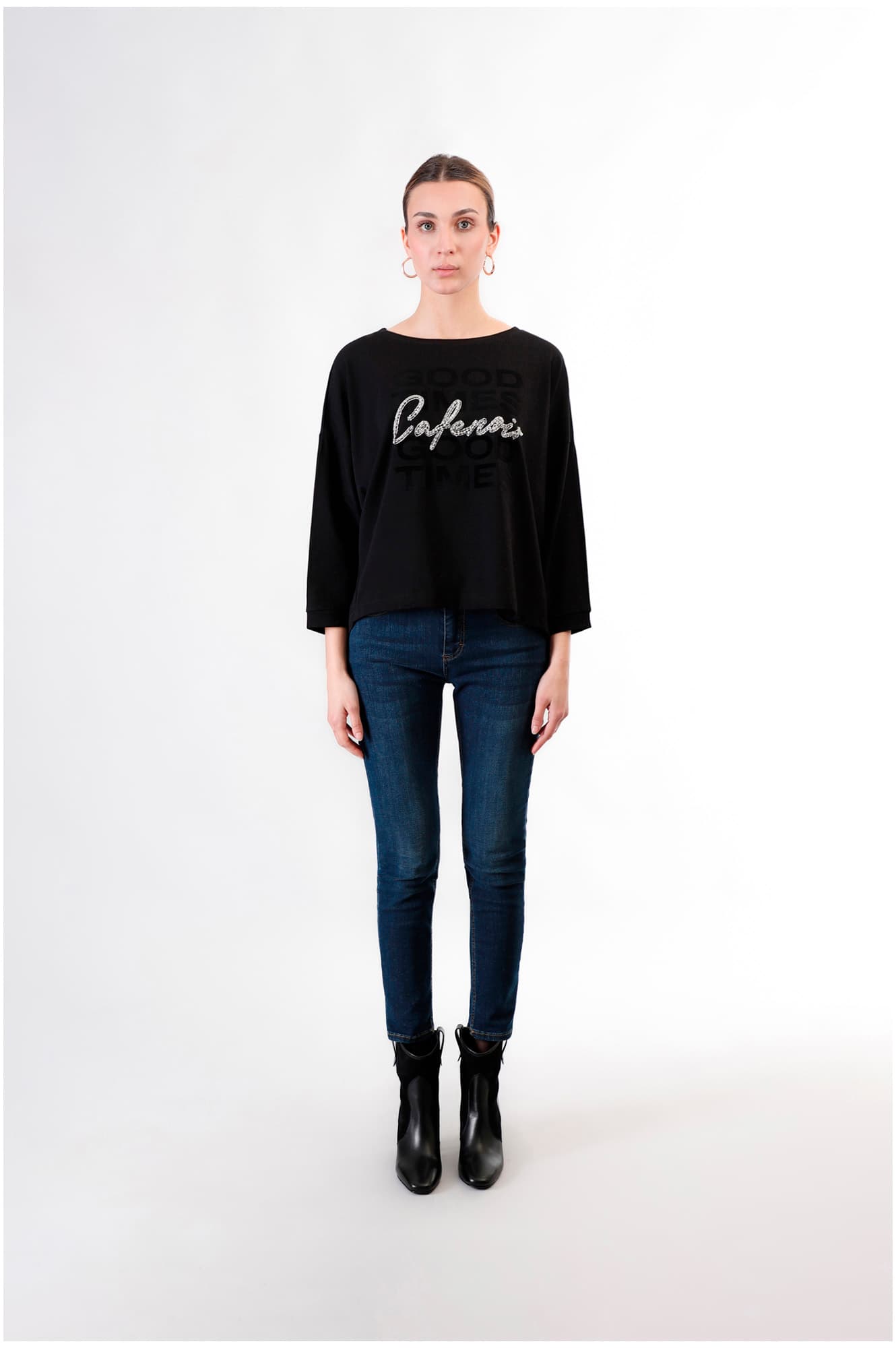 CafèNoir — T-shirt stampa floccata e logo di stras nero