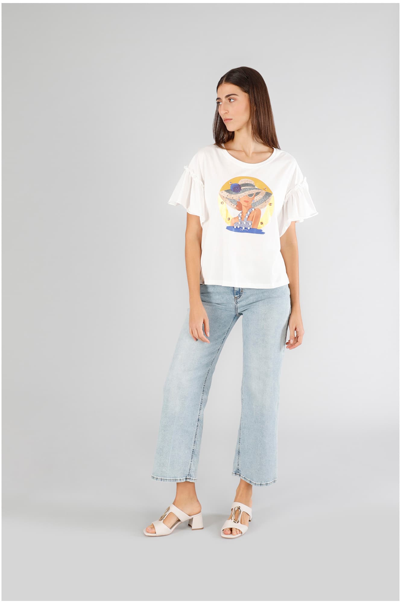 CafèNoir — T-shirt manica corta con stampa di donna con cappello bianco