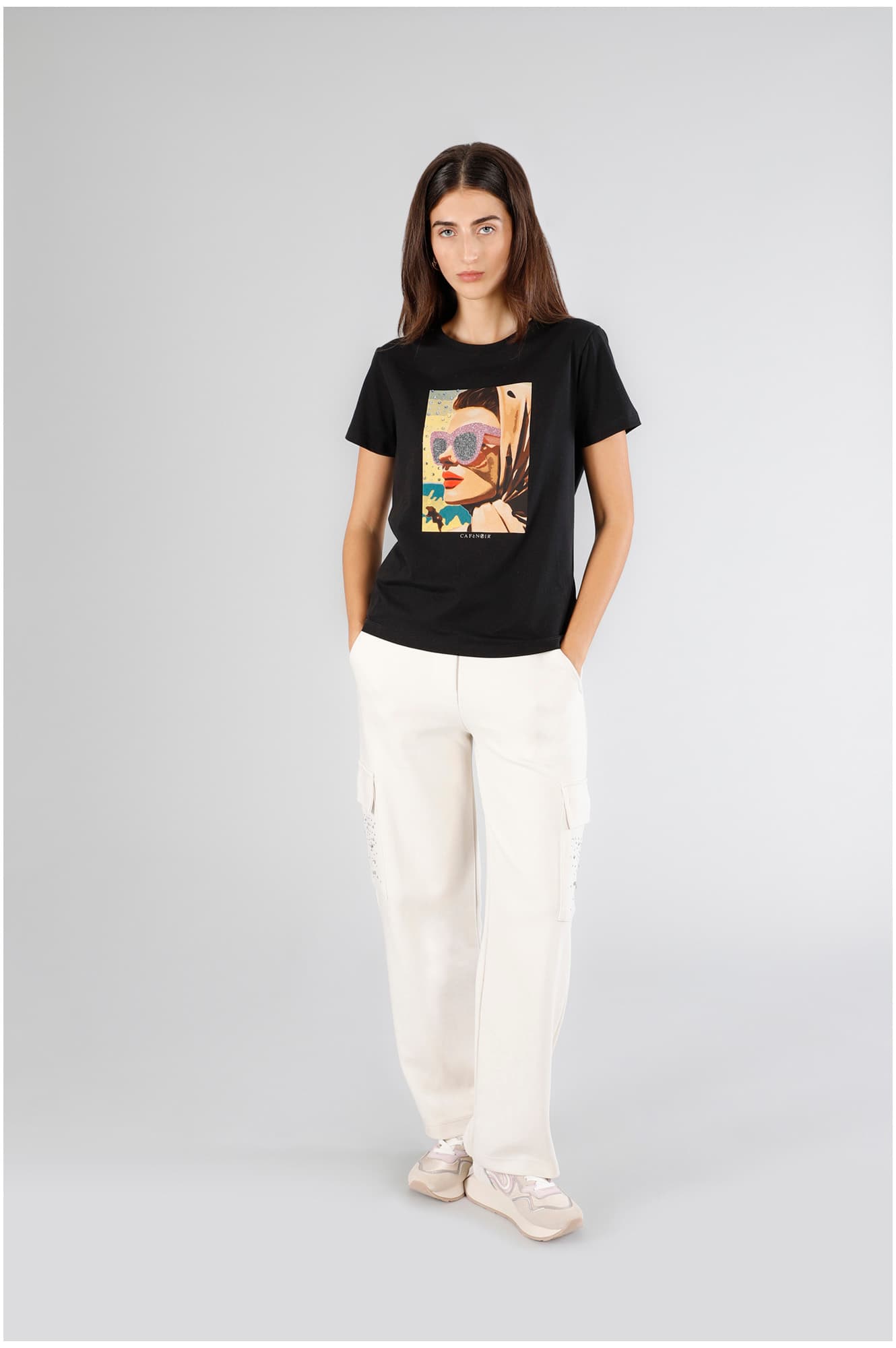 CafèNoir — T-shirt manica corta con stampa di donna con occhiali nero
