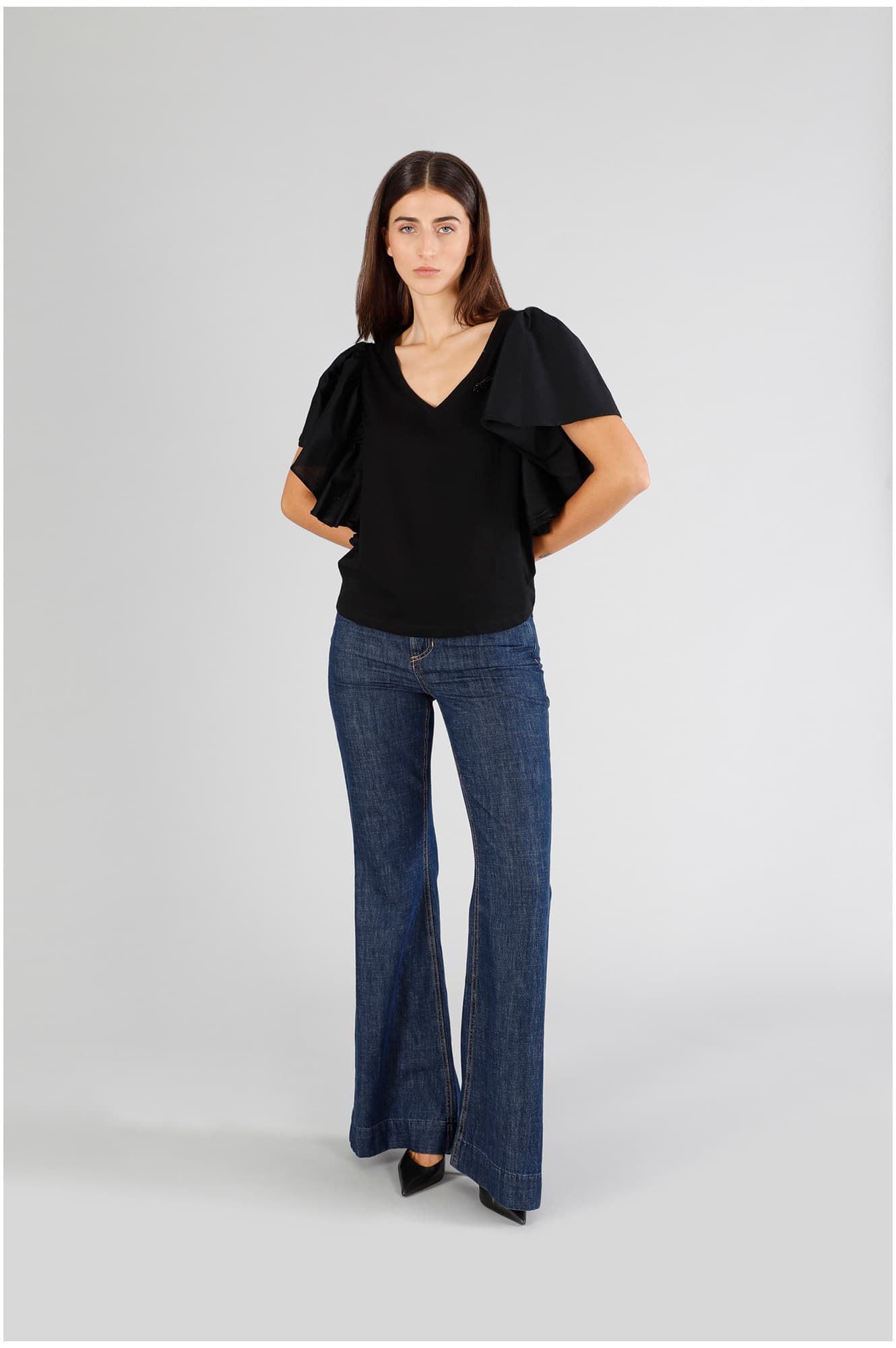 CafèNoir — T-shirt bimateriale con ruches alle spalle nero