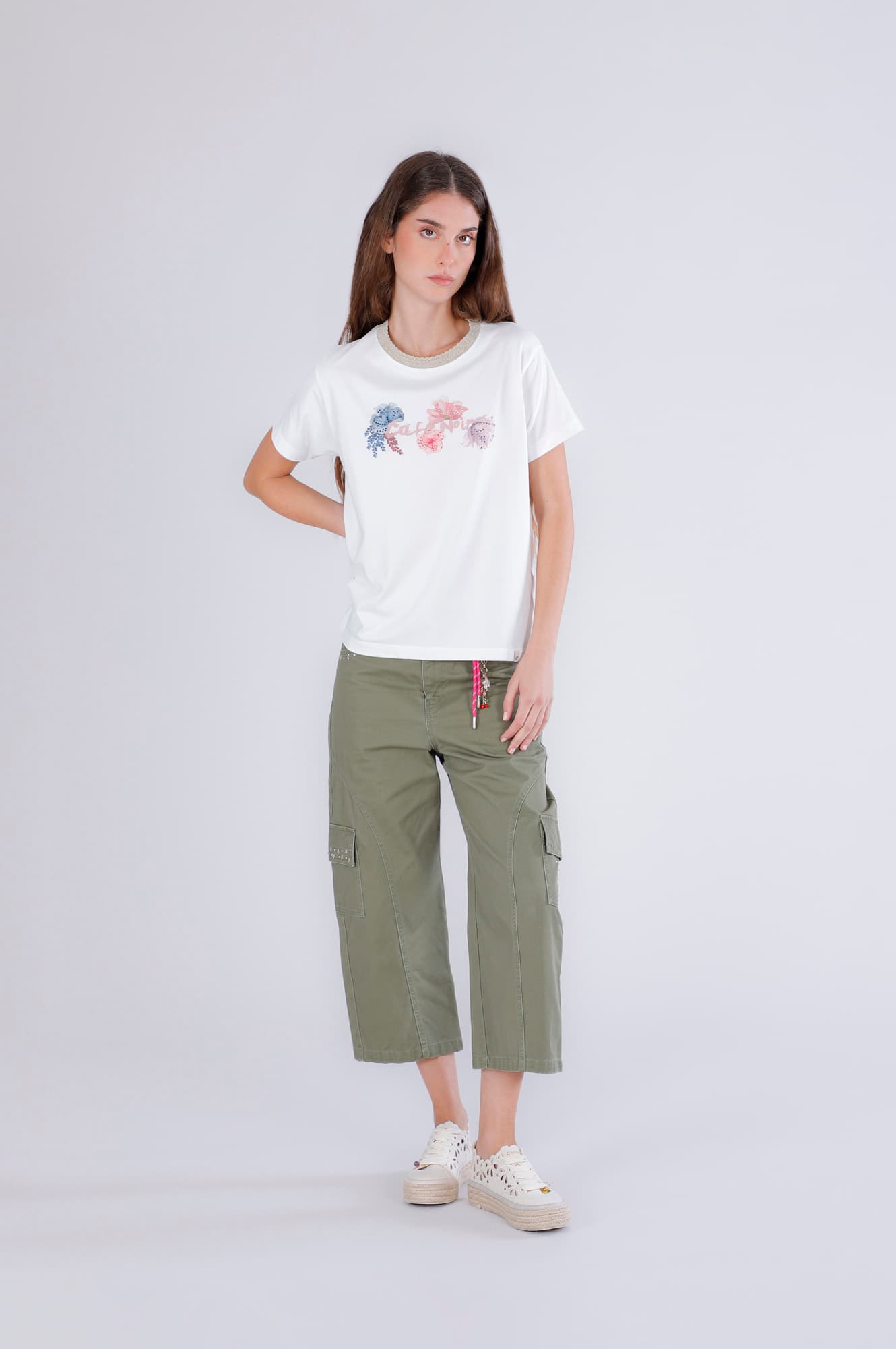 CafèNoir — T-shirt con logo con costina lurex allo scollo off white