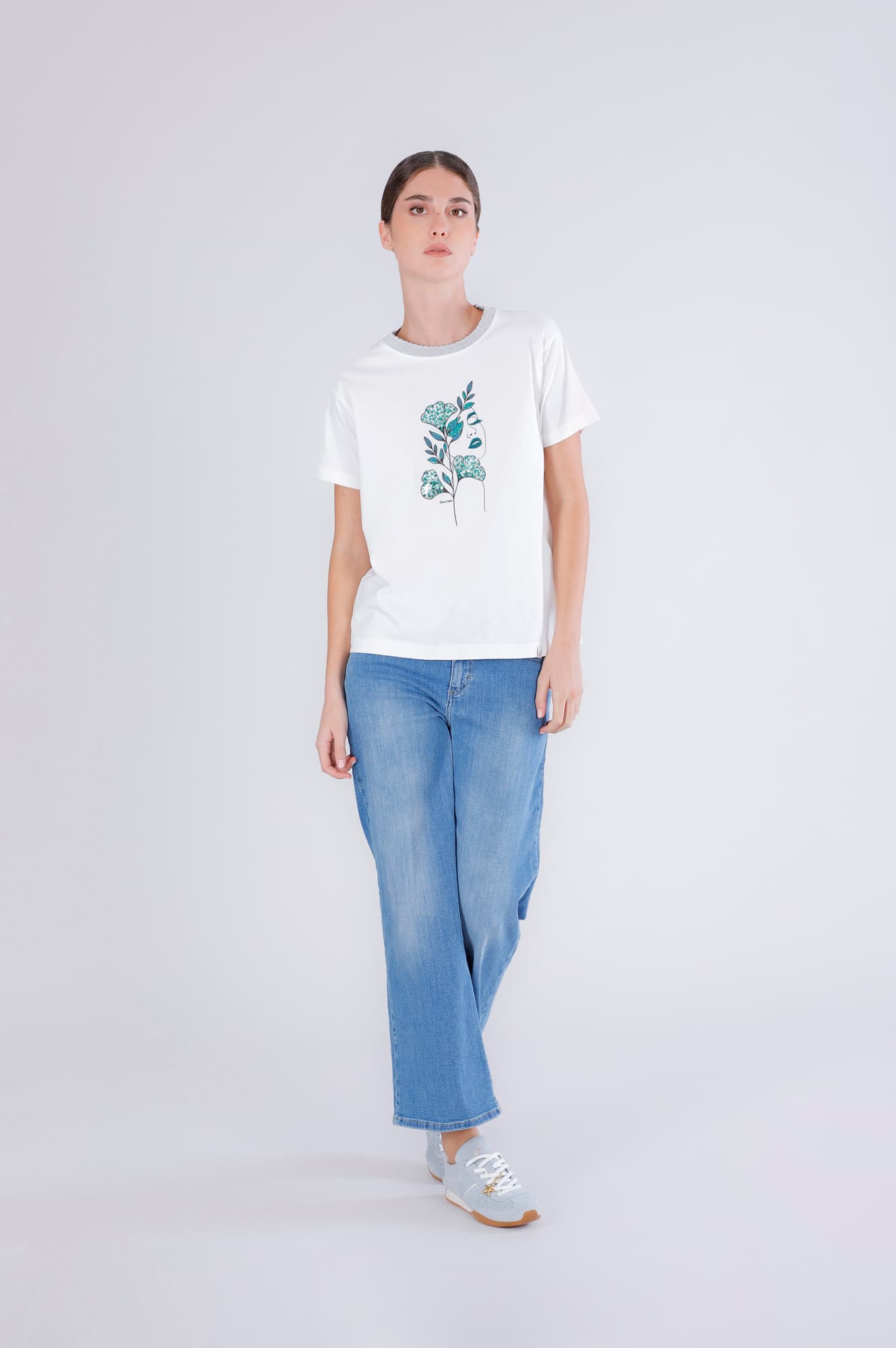 CafèNoir — T-shirt stampa donna con costina lurex allo scollo off white