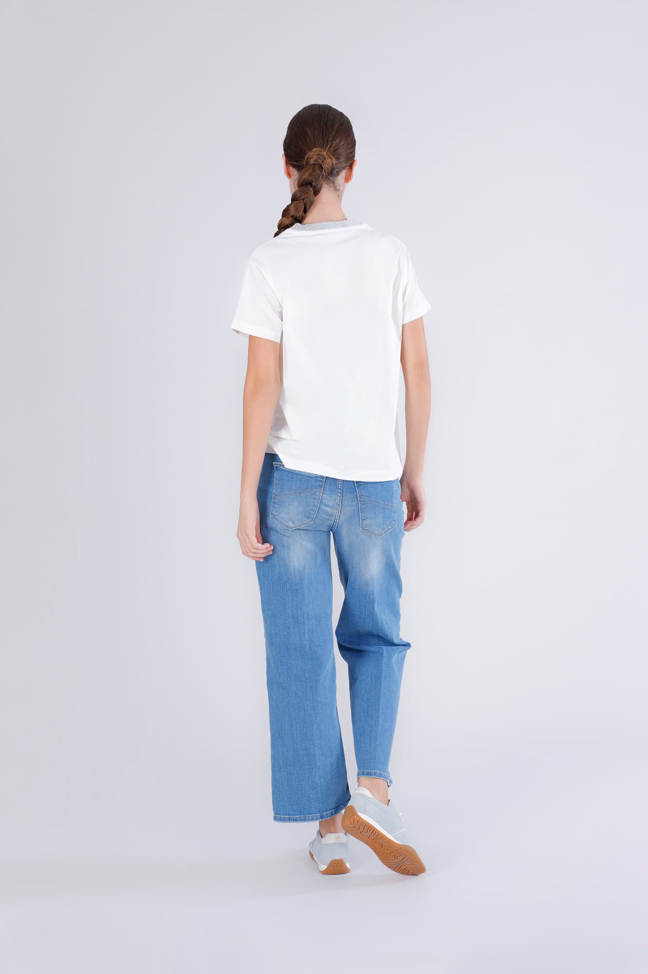 T-shirt stampa donna con costina lurex allo scollo off white — vista 2